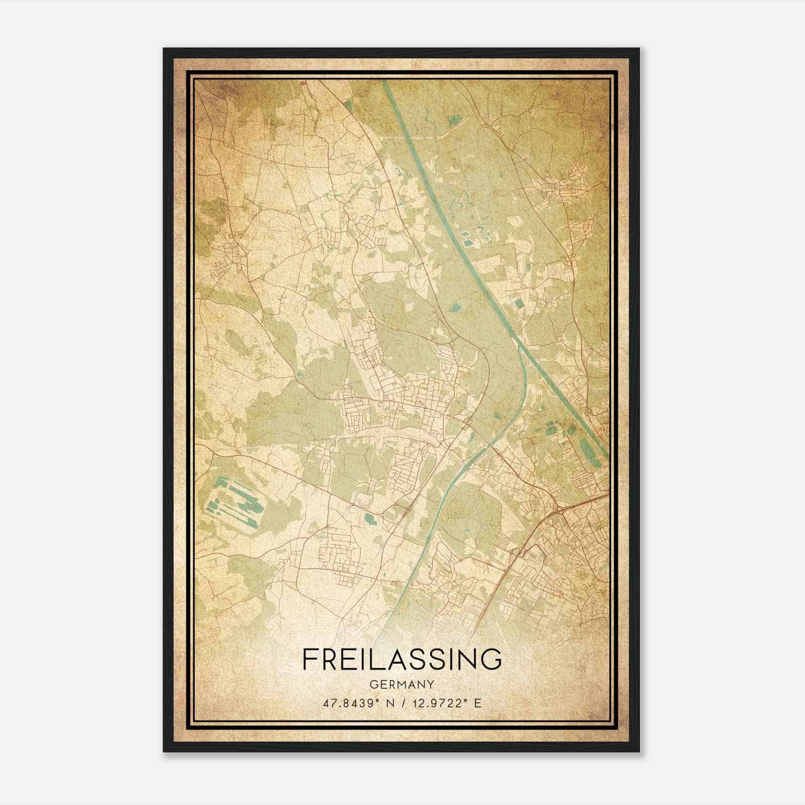 Vintage Freilassing Germany Map Poster, Freilassing City Road Wall Art Print