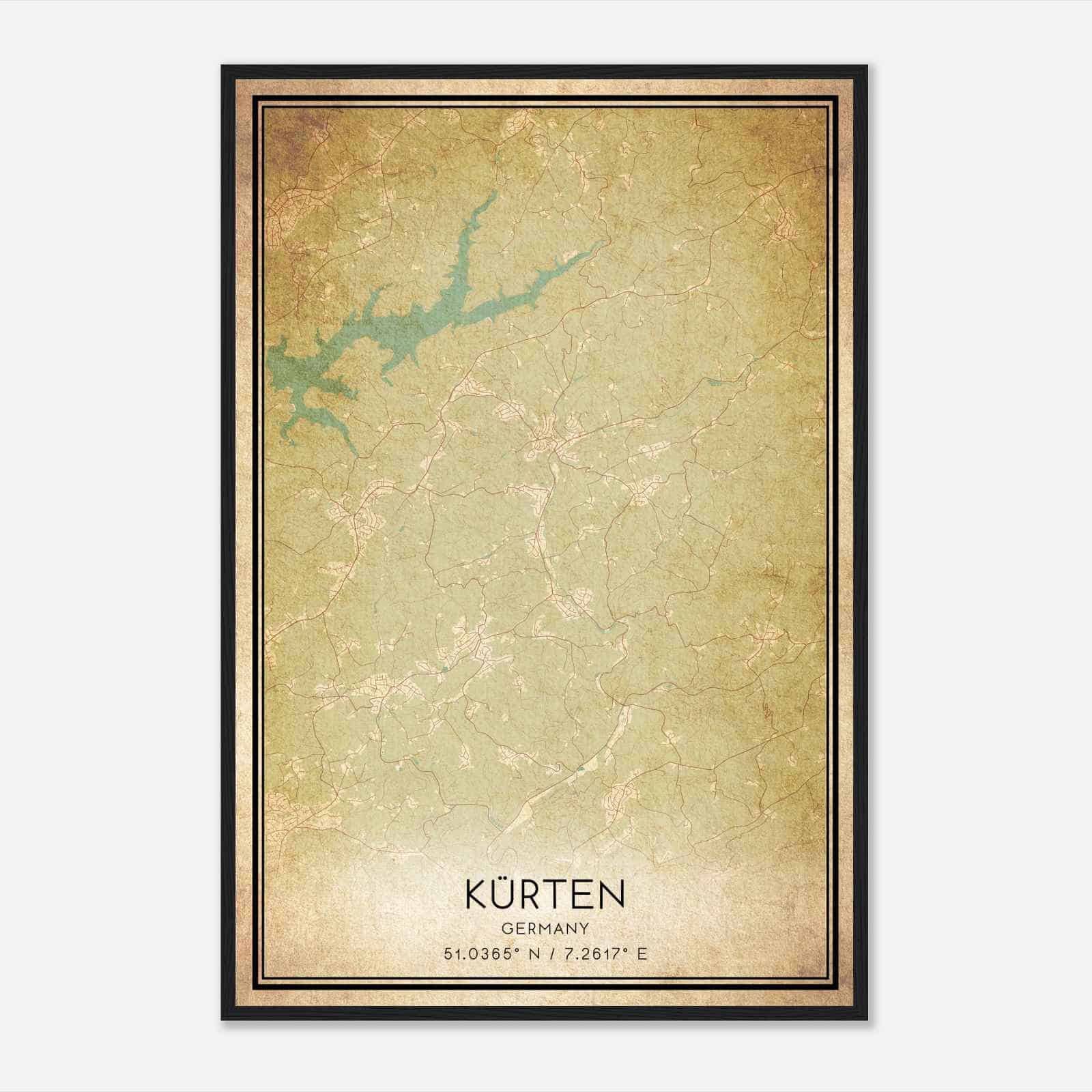 Vintage Kurten Germany Map Poster, Kurten City Road Wall Art Print