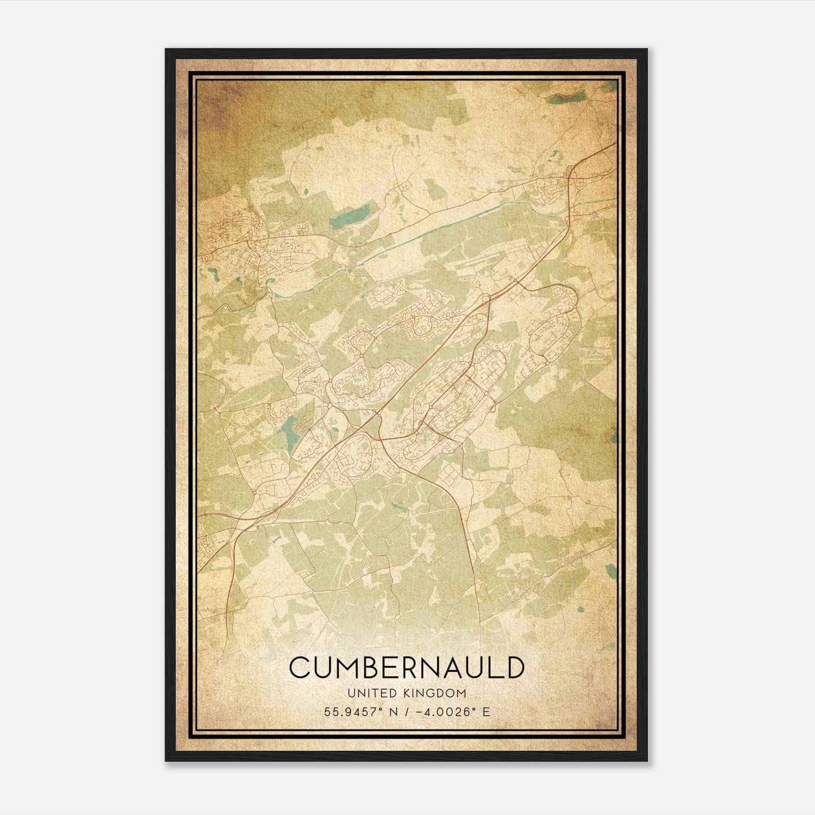 Vintage Cumbernauld United Kingdom Map Poster, Cumbernauld City Road Wall Art Print