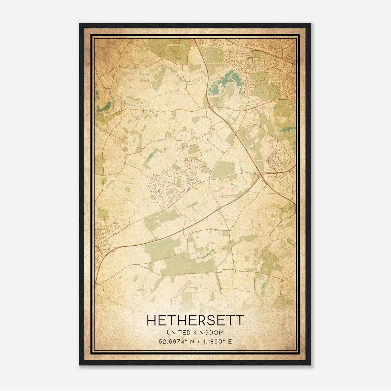 Vintage Hethersett United Kingdom Map Poster, Hethersett City Road Wall Art Print