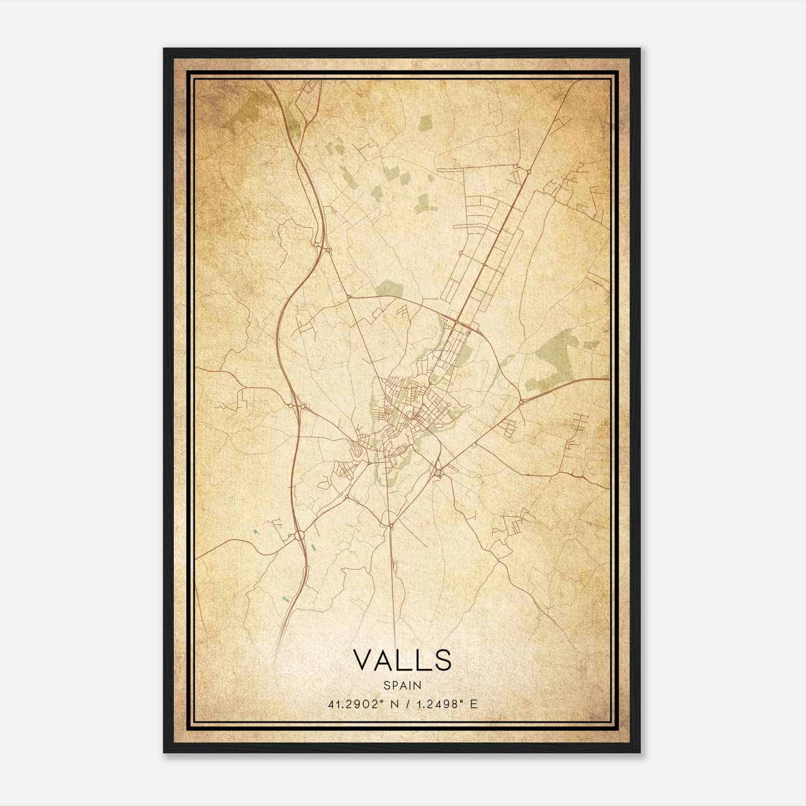 Vintage Valls Spain Map Poster, Valls City Road Wall Art Print