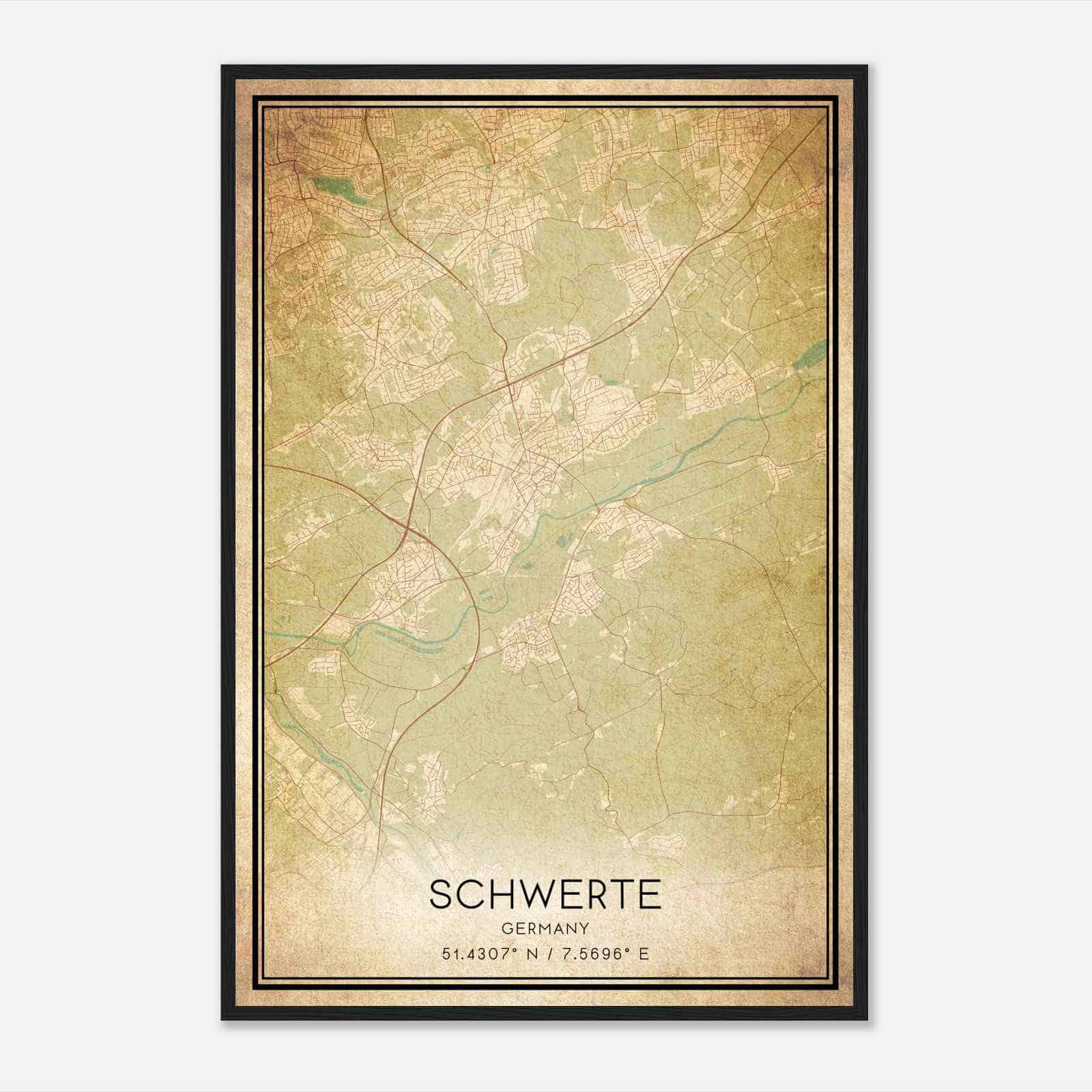Vintage Schwerte Germany Map Poster, Schwerte City Road Wall Art Print