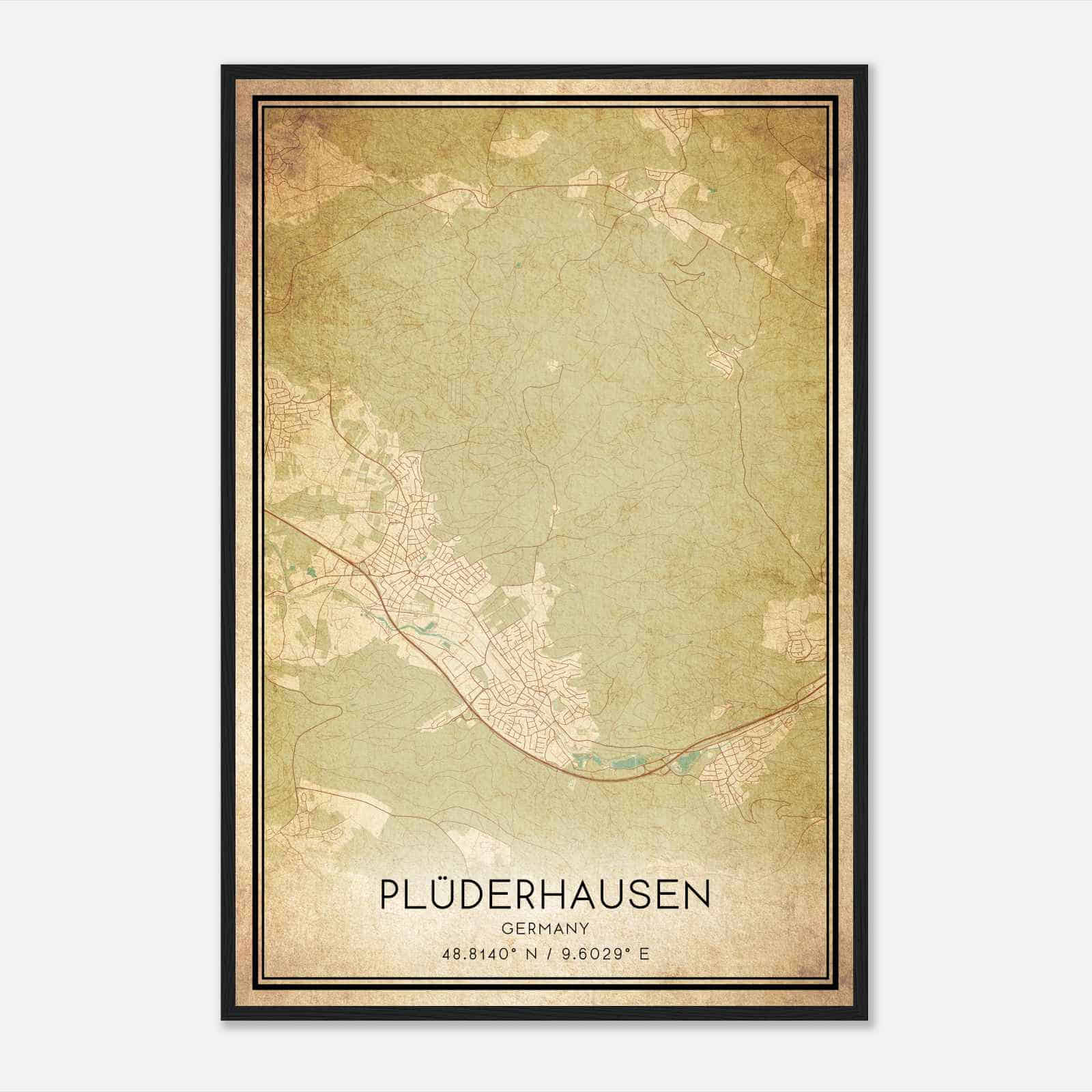 Vintage Pluderhausen Germany Map Poster, Pluderhausen City Road Wall Art Print