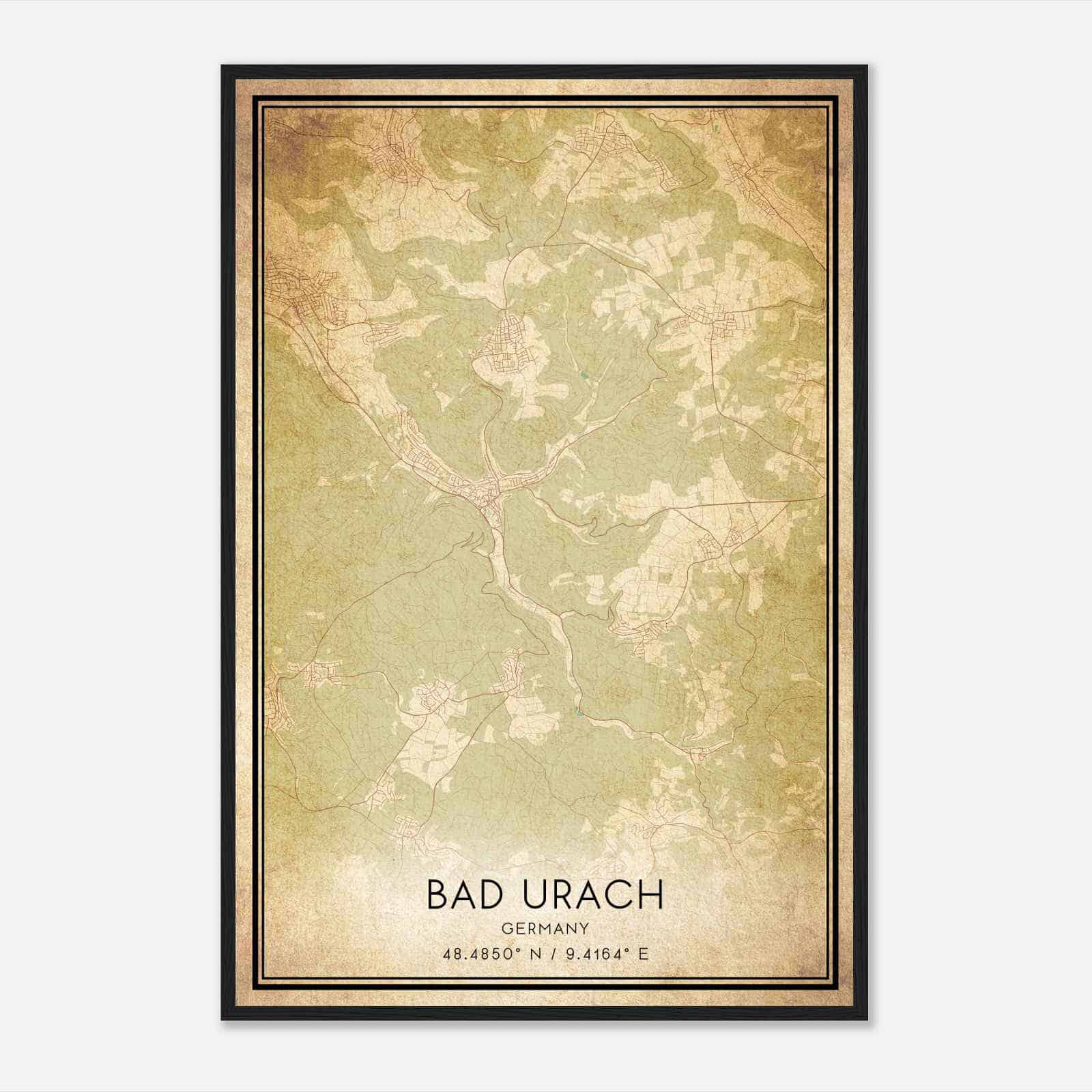 Vintage Bad Urach Germany Map Poster, Bad Urach City Road Wall Art Print