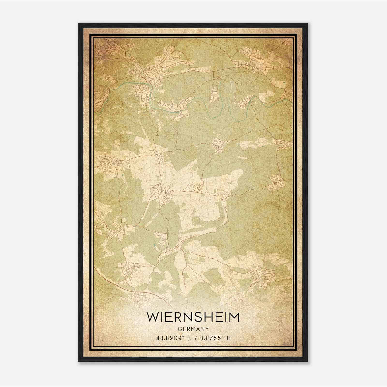 Vintage Wiernsheim Germany Map Poster, Wiernsheim City Road Wall Art Print