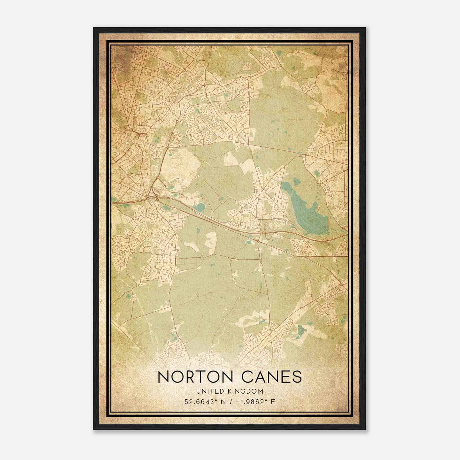 Vintage Norton Canes United Kingdom Map Poster, Norton Canes City Road Wall Art Print