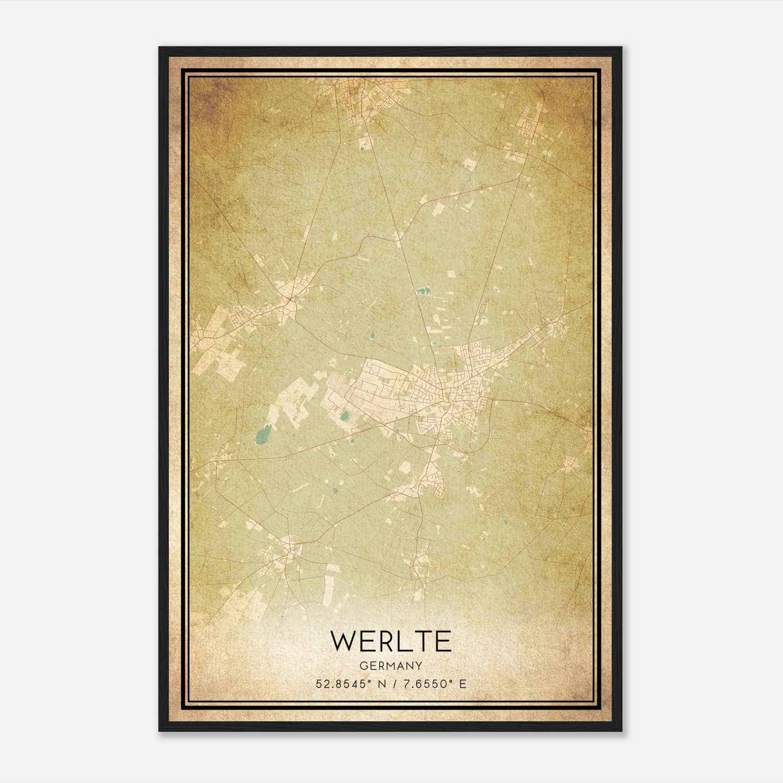 Vintage Werlte Germany Map Poster, Werlte City Road Wall Art Print