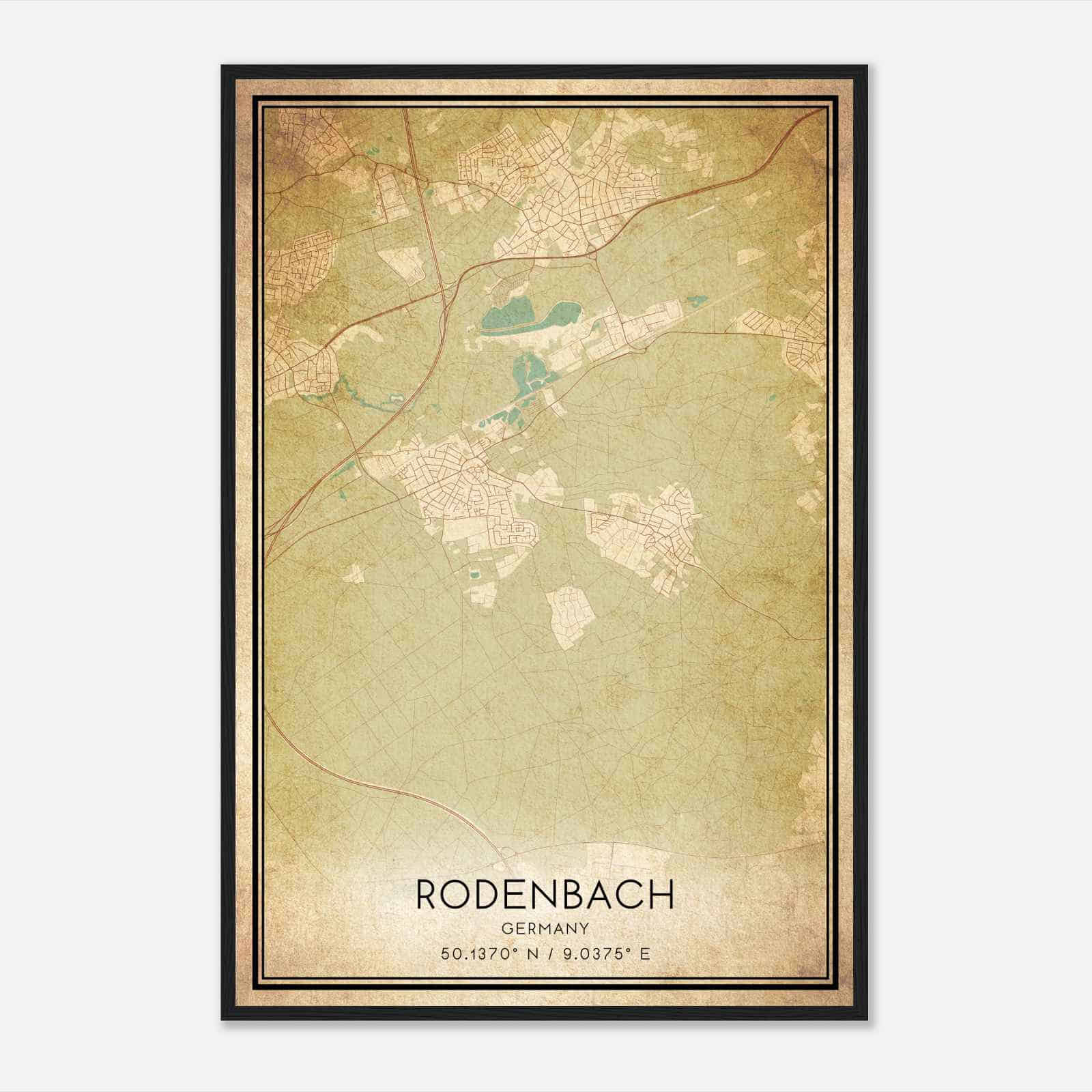 Vintage Rodenbach Germany Map Poster, Rodenbach City Road Wall Art Print