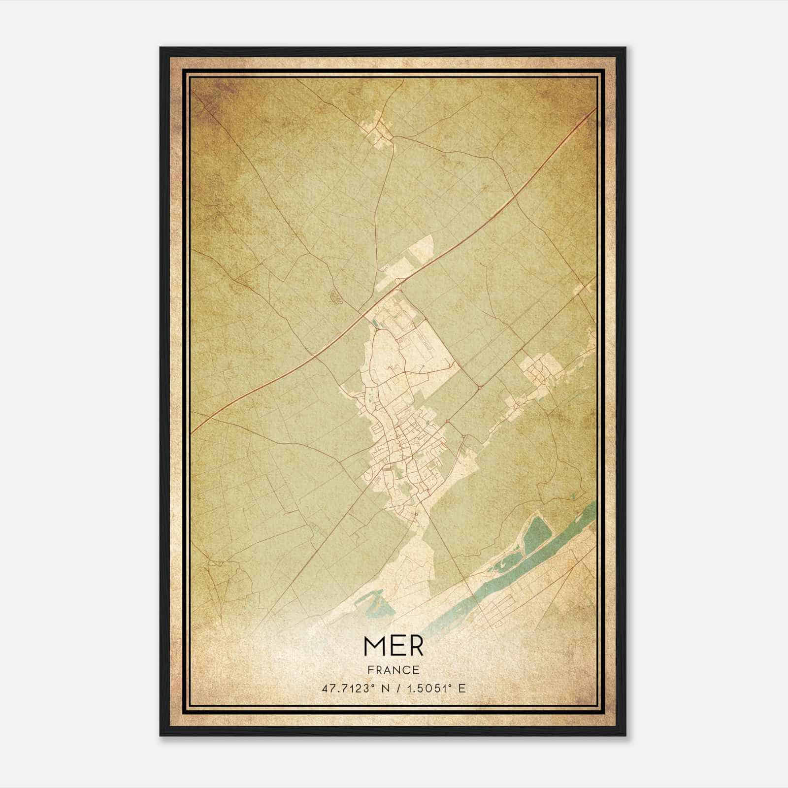 Vintage Mer France Map Poster, Mer City Road Wall Art Print