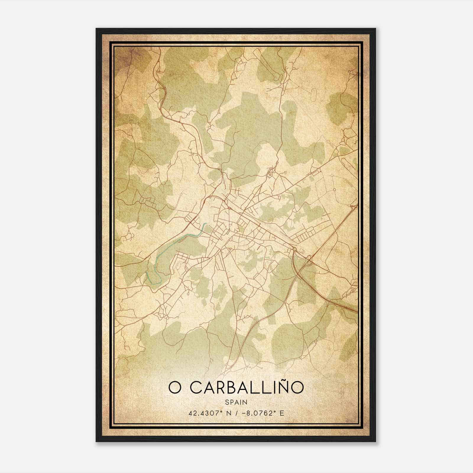 Vintage Carballino Spain Map Poster, Carballino City Road Wall Art Print