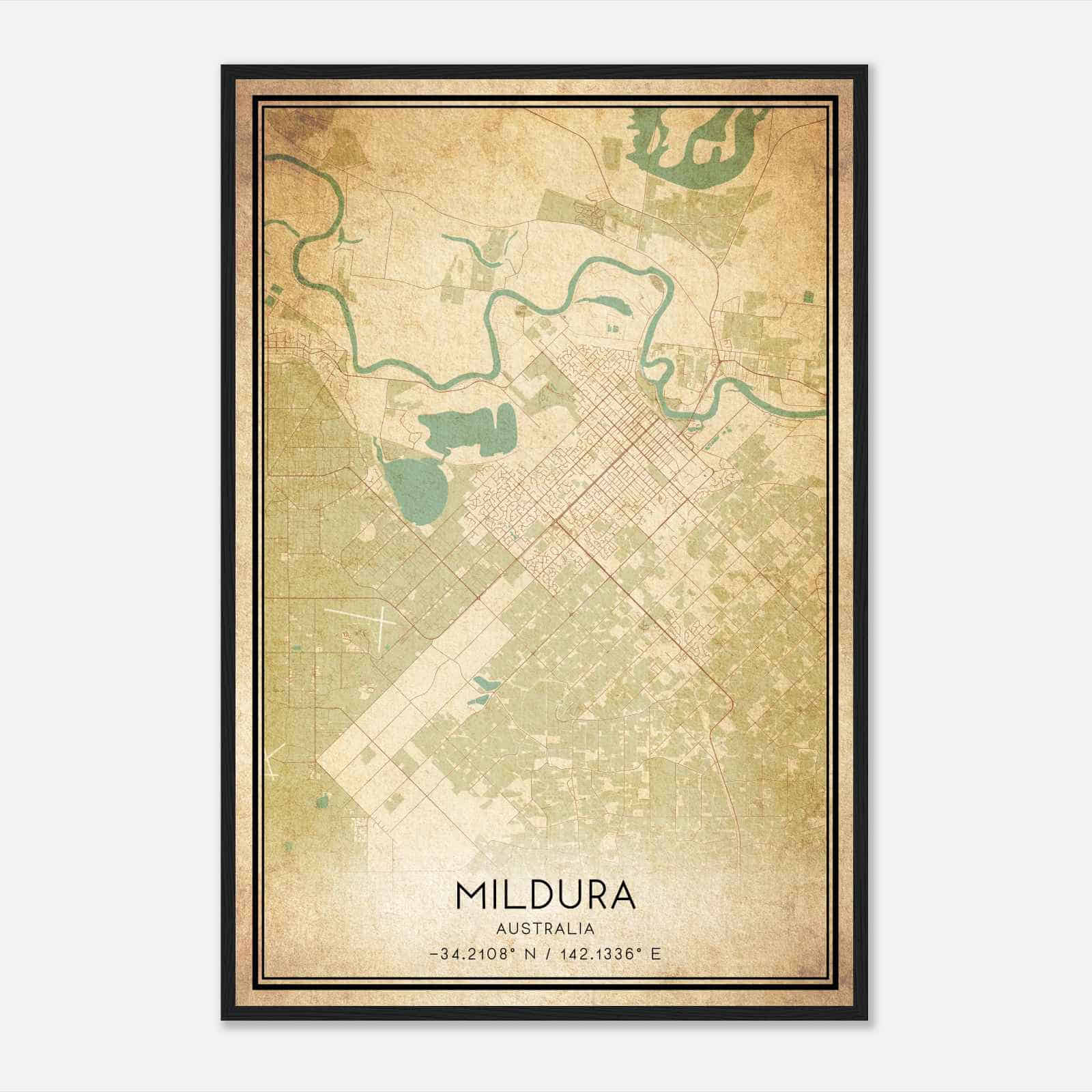 Vintage Mildura Australia Map Poster, Mildura City Road Wall Art Print
