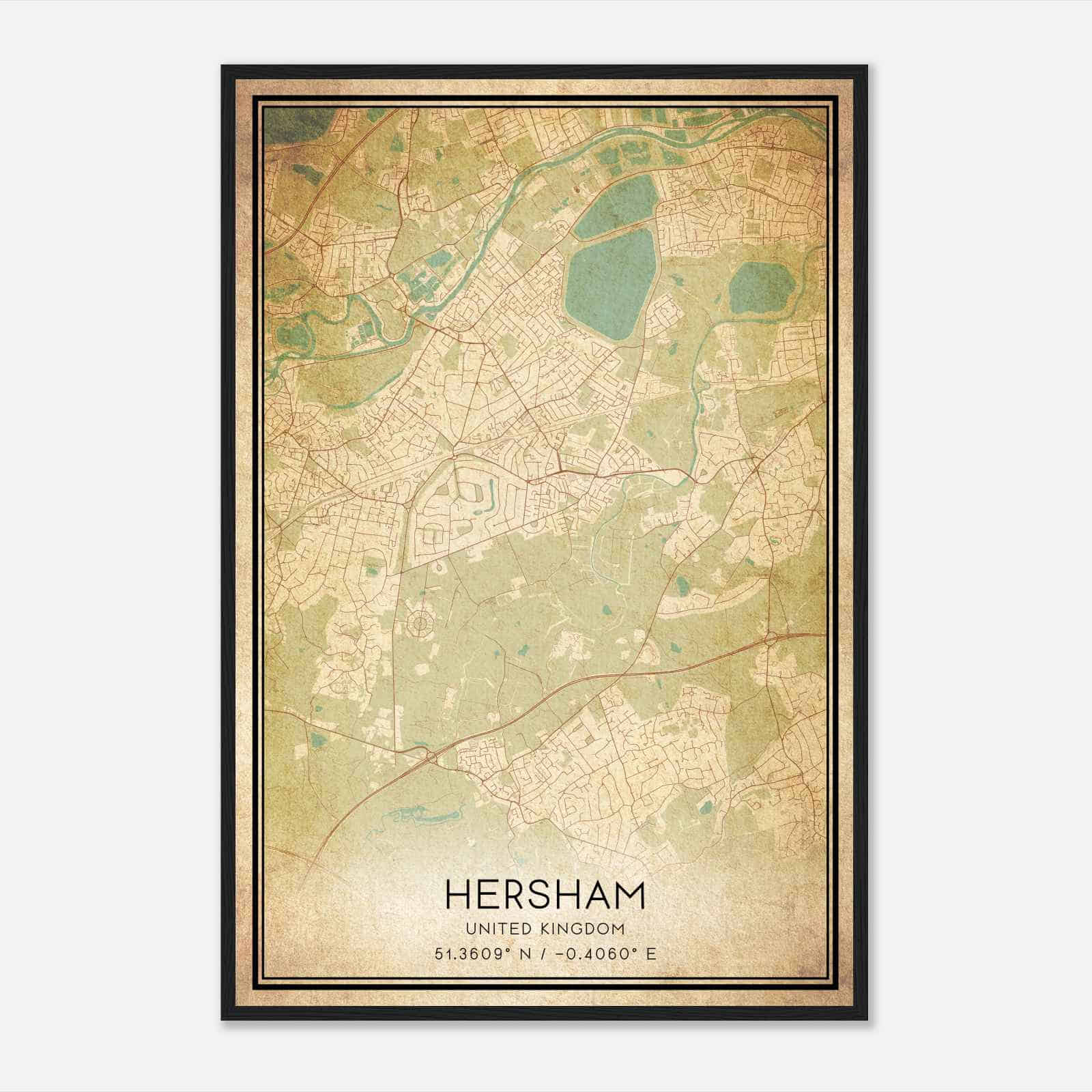 Vintage Hersham United Kingdom Map Poster, Hersham City Road Wall Art Print