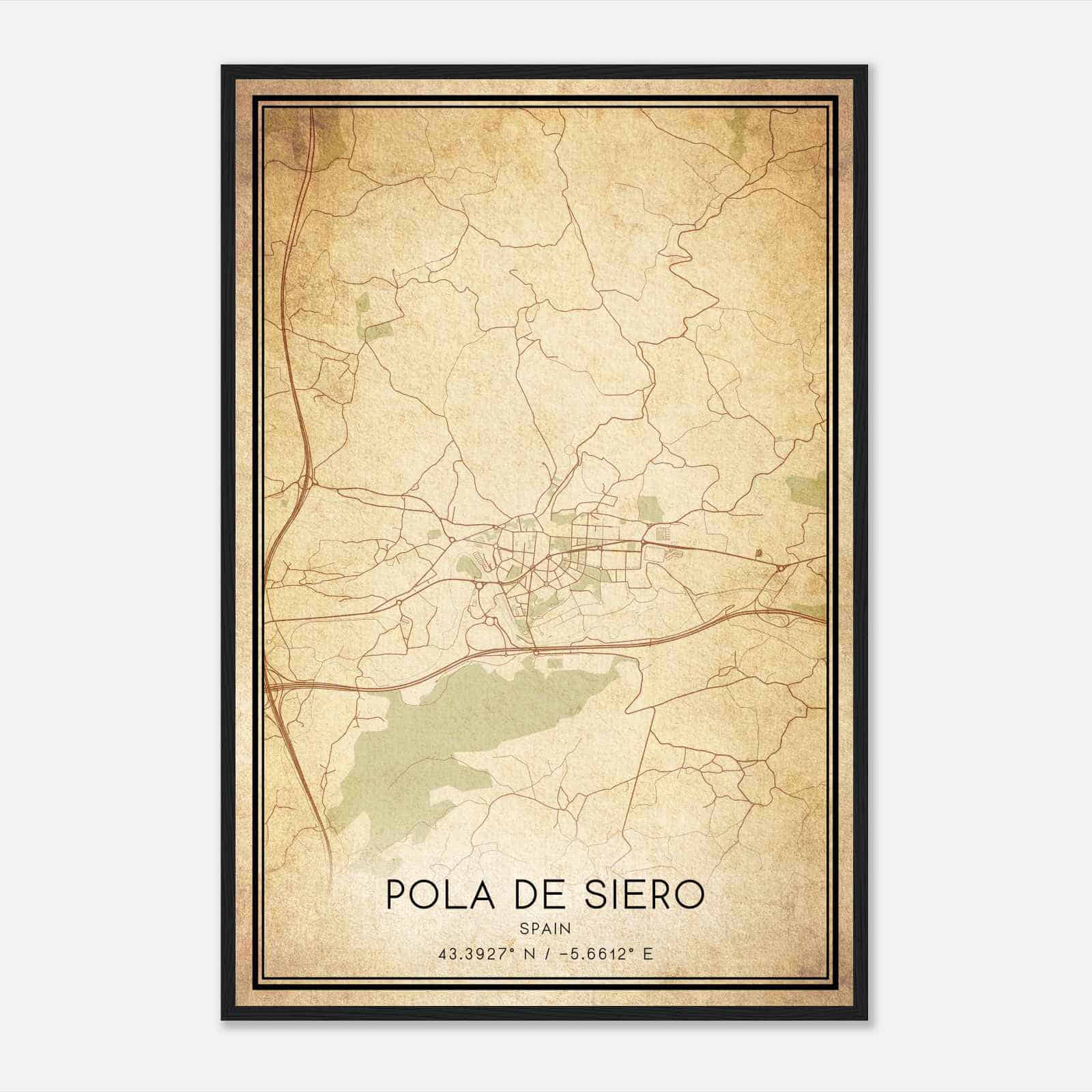Vintage Pola de Siero Spain Map Poster, Pola de Siero City Road Wall Art Print