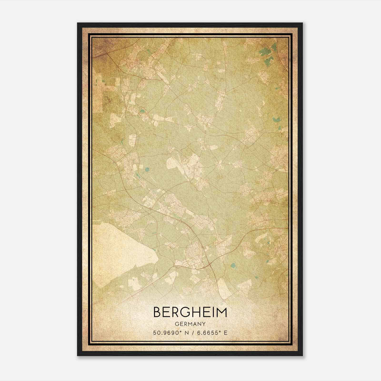 Vintage Bergheim Germany Map Poster, Bergheim City Road Wall Art Print