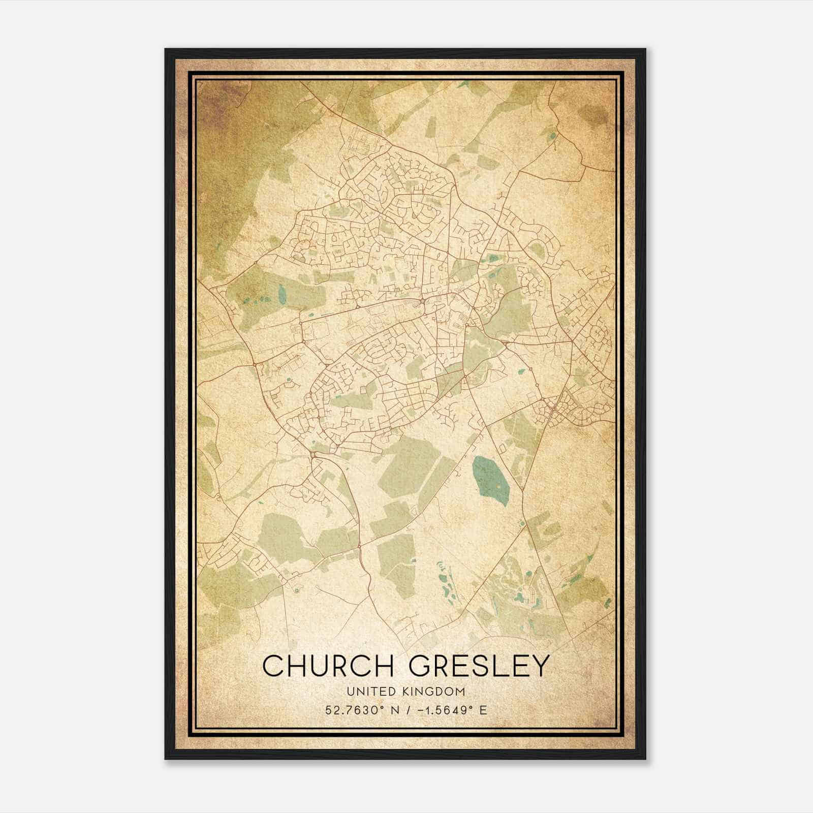 Vintage Church Gresley United Kingdom Map Poster, Church Gresley City Road Wall Art Print
