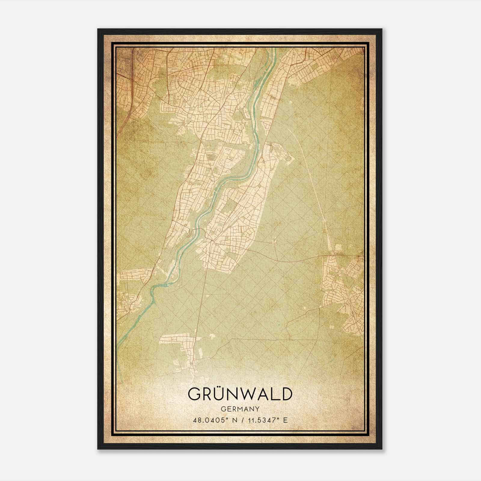 Vintage Grunwald Germany Map Poster, Grunwald City Road Wall Art Print