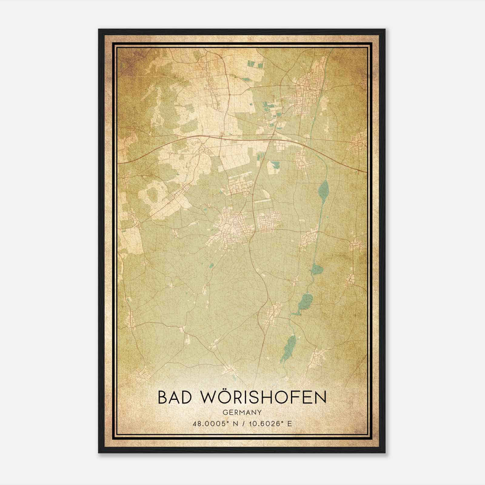 Vintage Bad Worishofen Germany Map Poster, Bad Worishofen City Road Wall Art Print