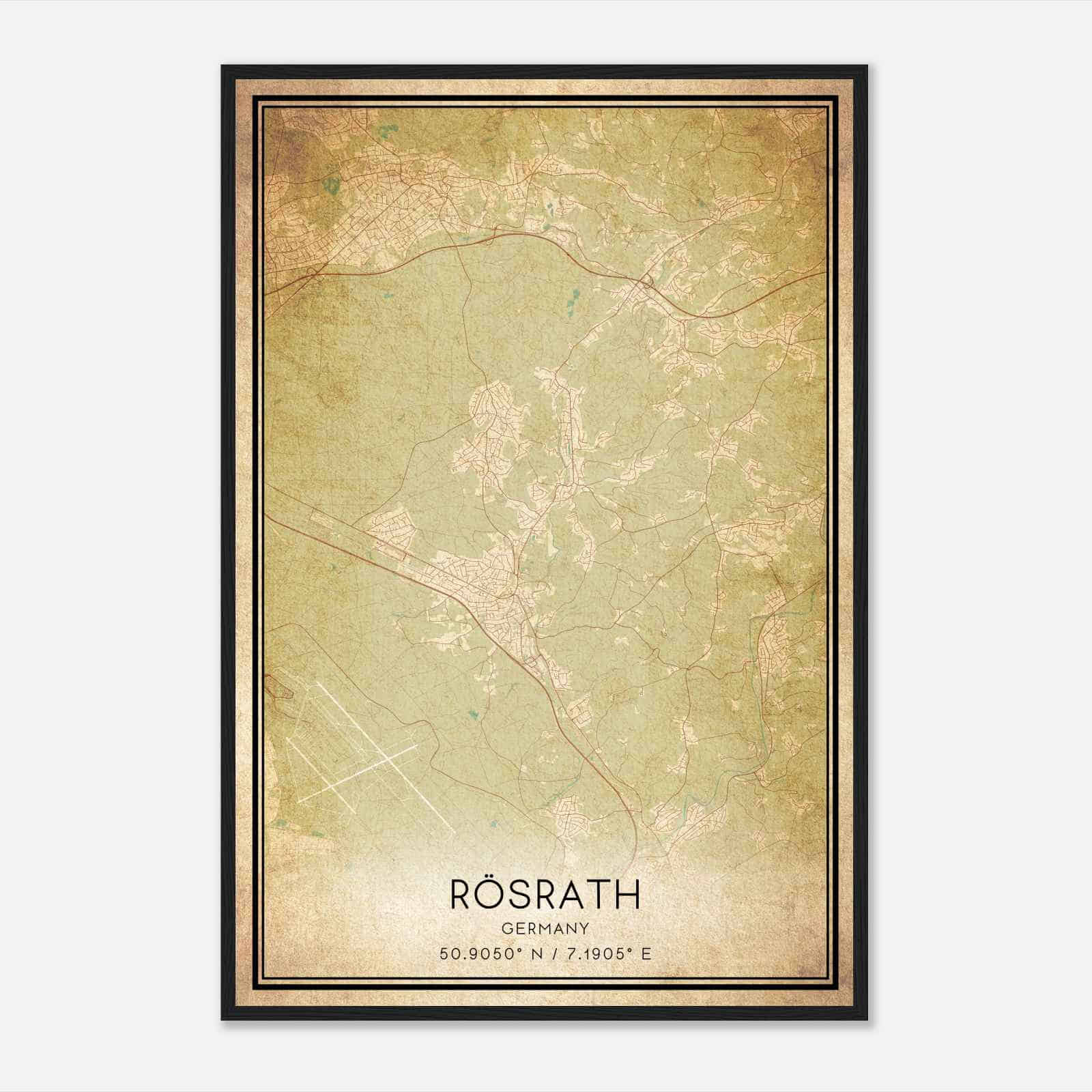 Vintage Rosrath Germany Map Poster, Rosrath City Road Wall Art Print