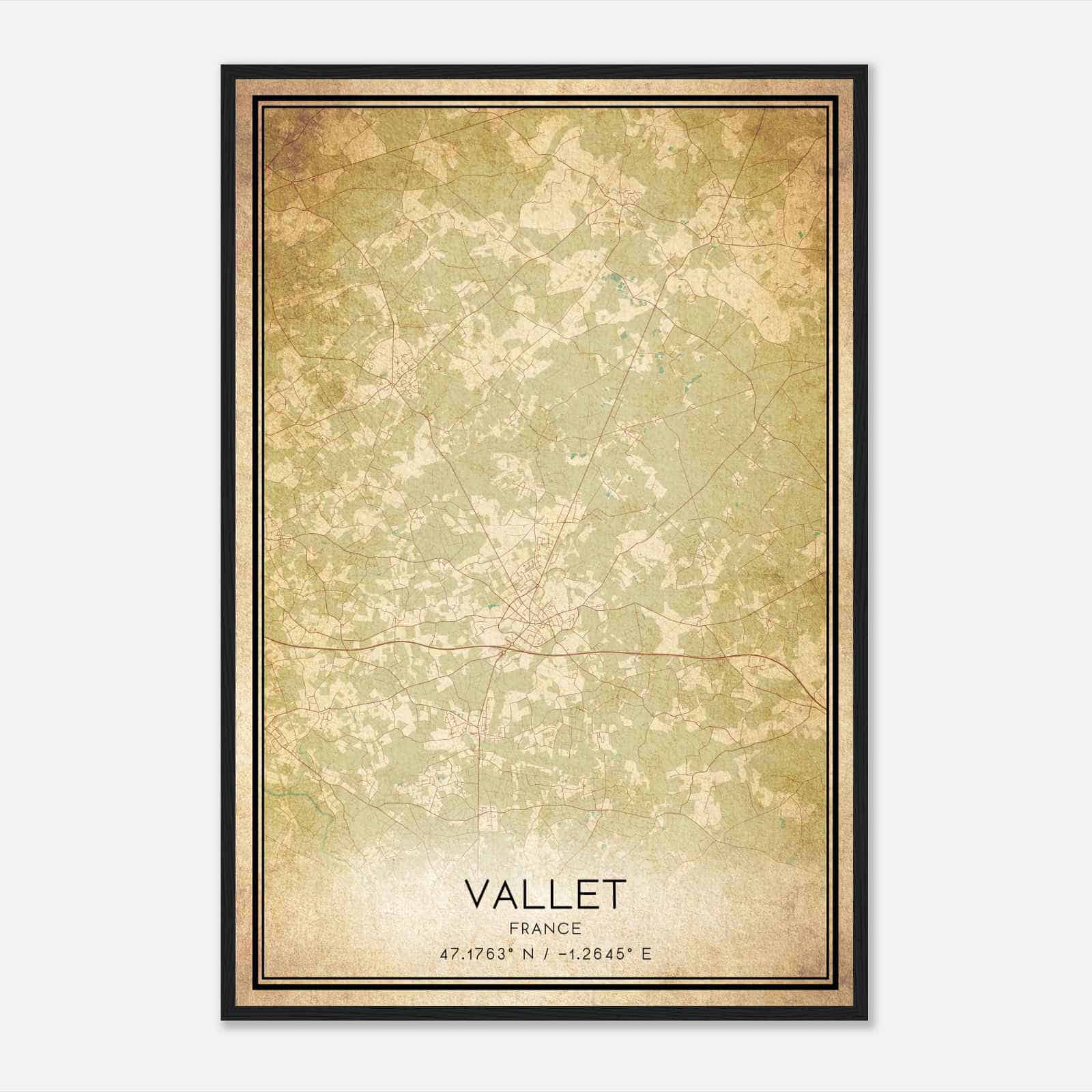 Vintage Vallet France Map Poster, Vallet City Road Wall Art Print