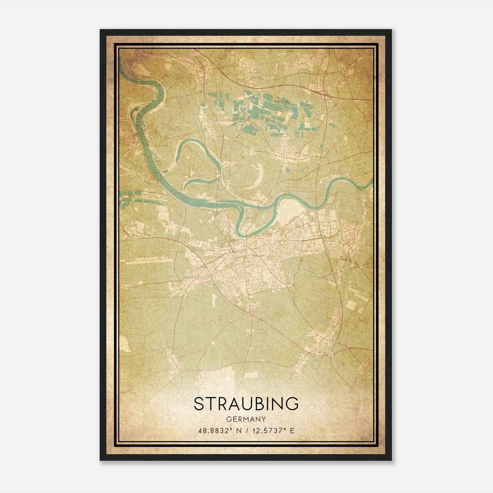Vintage Straubing Germany Map Poster, Straubing City Road Wall Art Print