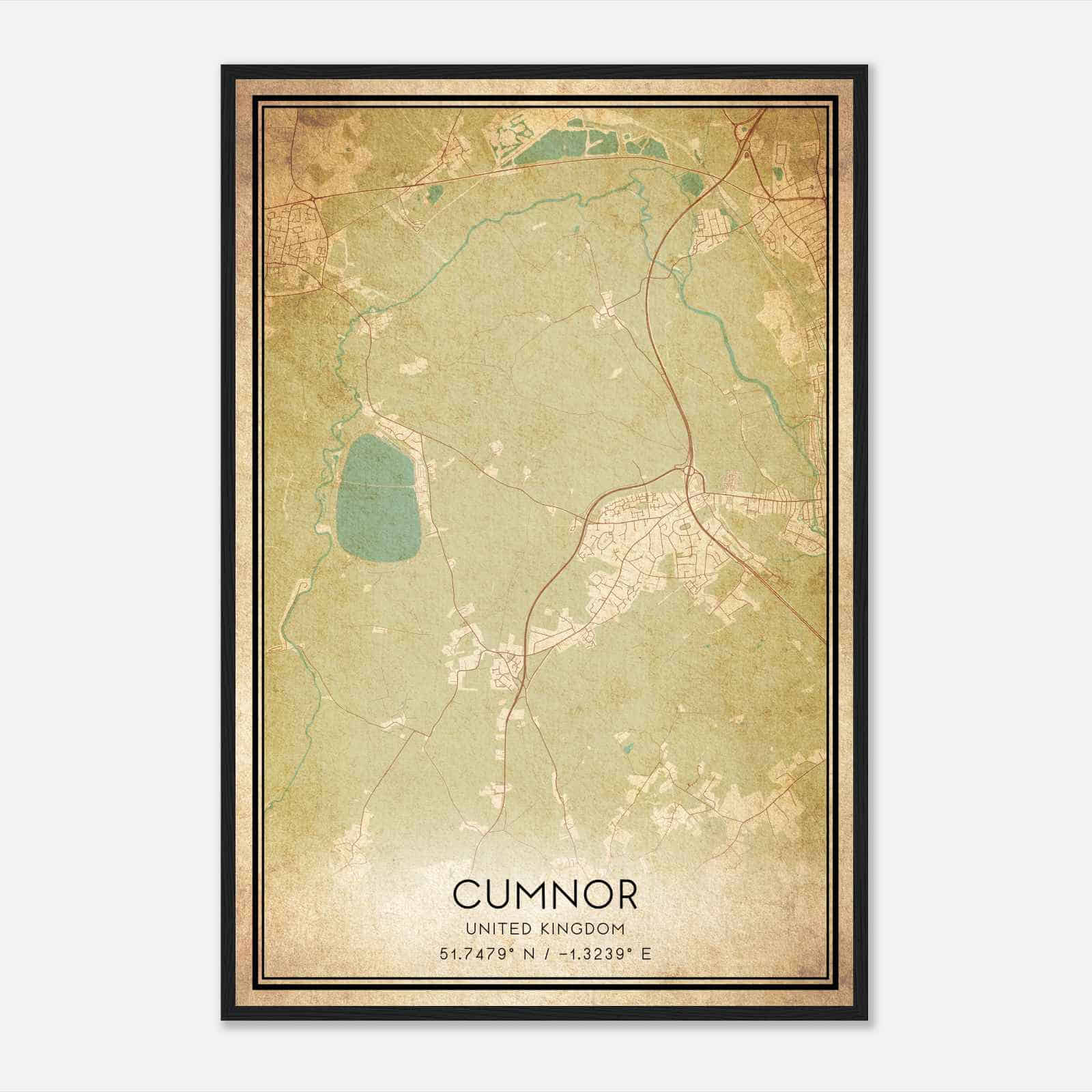 Vintage Cumnor United Kingdom Map Poster, Cumnor City Road Wall Art Print