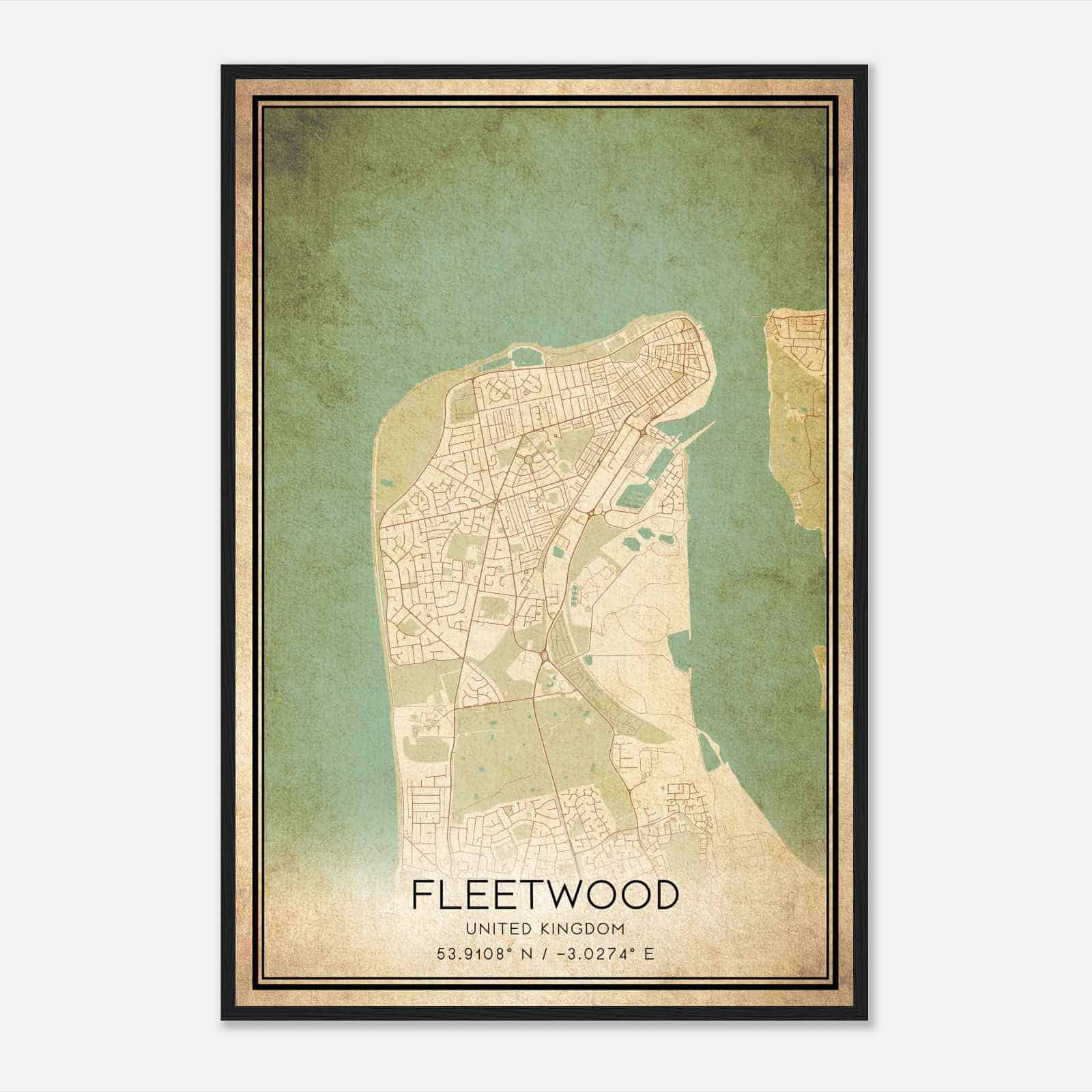 Vintage Fleetwood United Kingdom Map Poster, Fleetwood City Road Wall Art Print