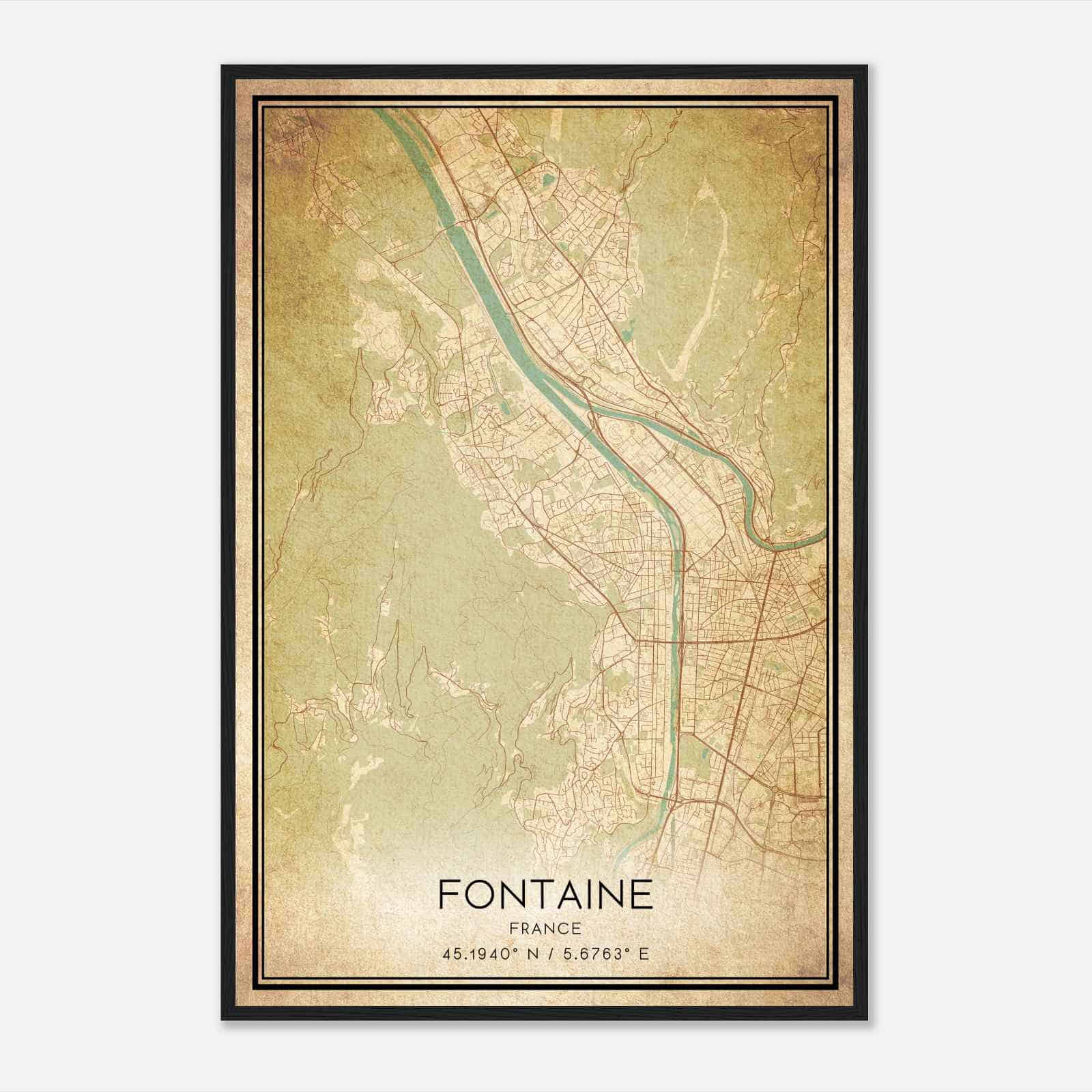 Vintage Fontaine France Map Poster, Fontaine City Road Wall Art Print