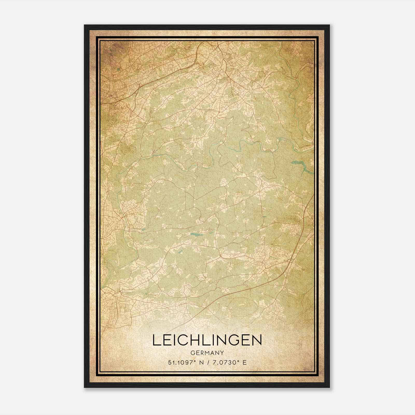 Vintage Leichlingen Germany Map Poster, Leichlingen City Road Wall Art Print