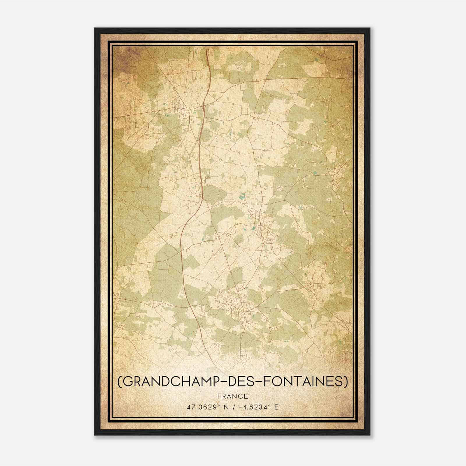 Vintage Grandchamps-des-Fontaines France Map Poster, Grandchamps-des-Fontaines City Road Wall Art Print