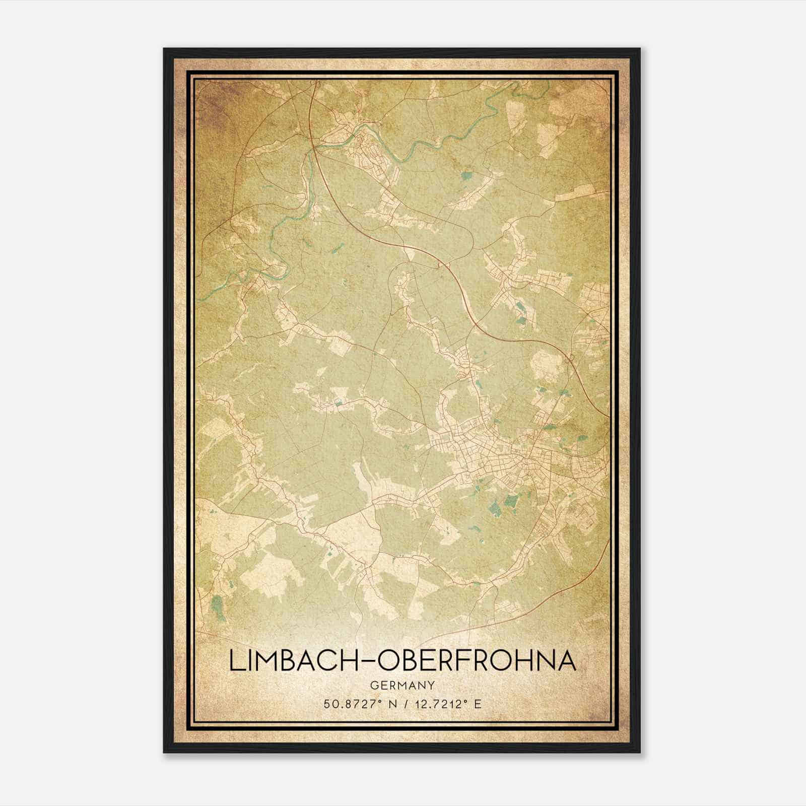 Vintage Limbach-Oberfrohna Germany Map Poster, Limbach-Oberfrohna City Road Wall Art Print