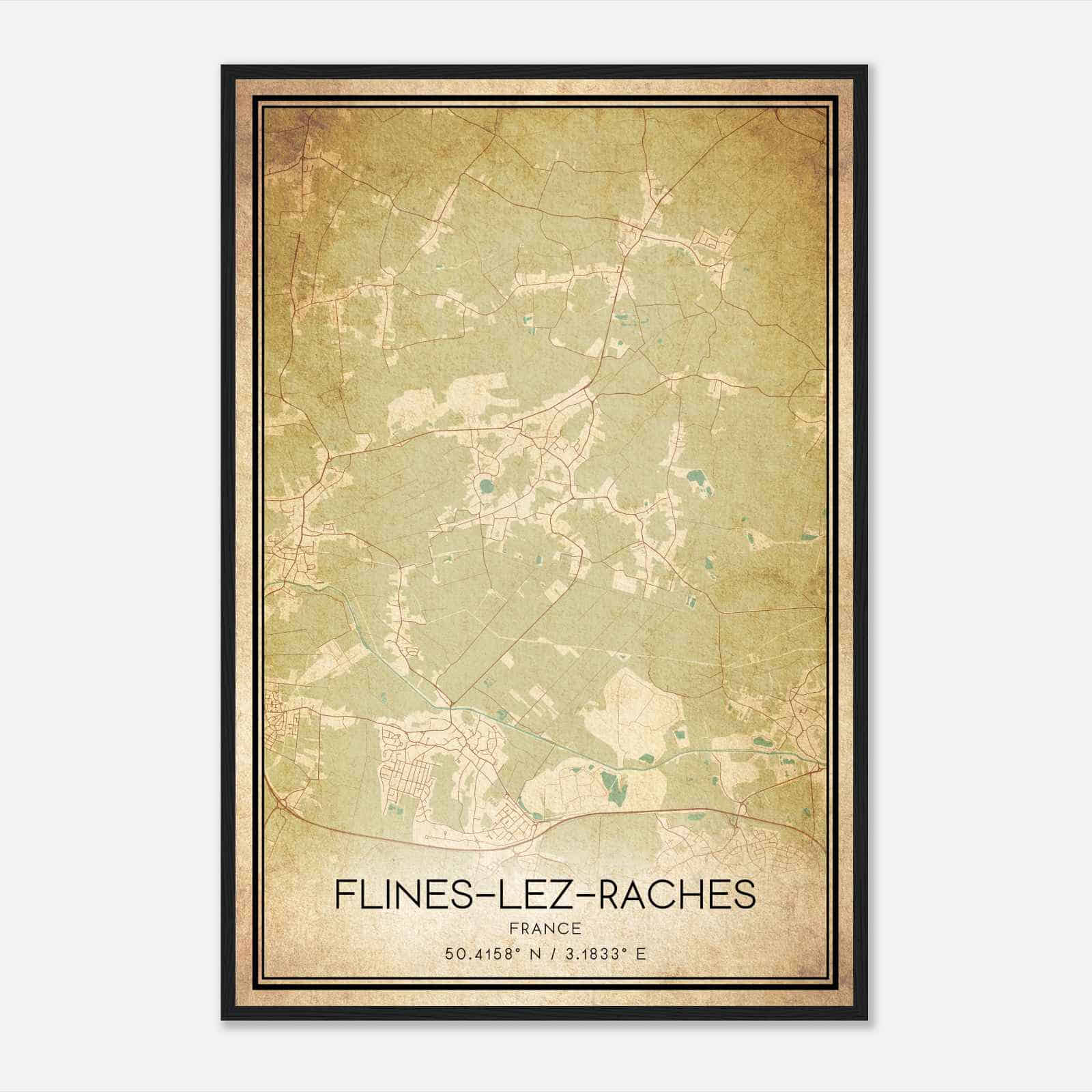 Vintage Flines-les-Raches France Map Poster, Flines-les-Raches City Road Wall Art Print