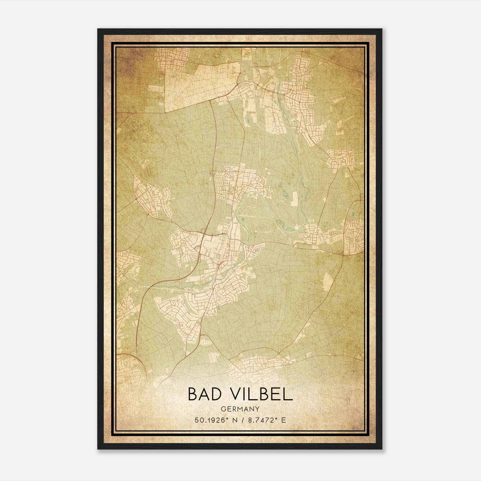 Vintage Bad Vilbel Germany Map Poster, Bad Vilbel City Road Wall Art Print