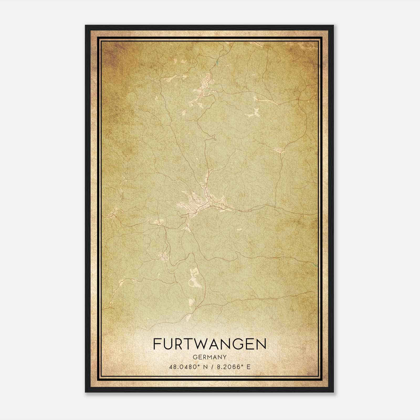 Vintage Furtwangen im Schwarzwald Germany Map Poster, Furtwangen im Schwarzwald City Road Wall Art Print