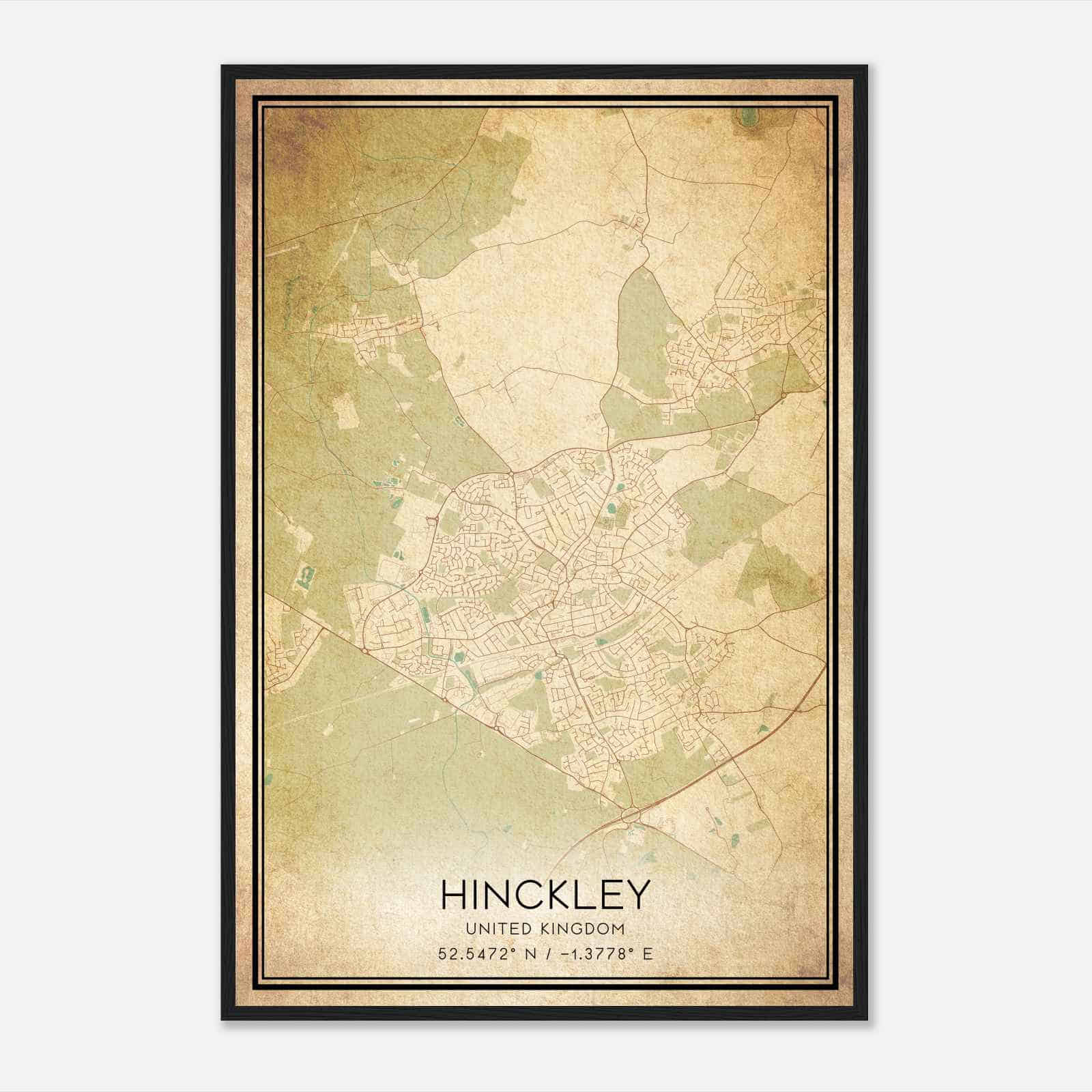 Vintage Hinckley United Kingdom Map Poster, Hinckley City Road Wall Art Print