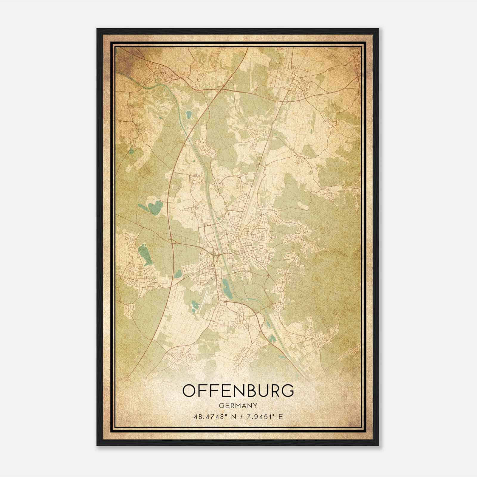 Vintage Offenburg Germany Map Poster, Offenburg City Road Wall Art Print