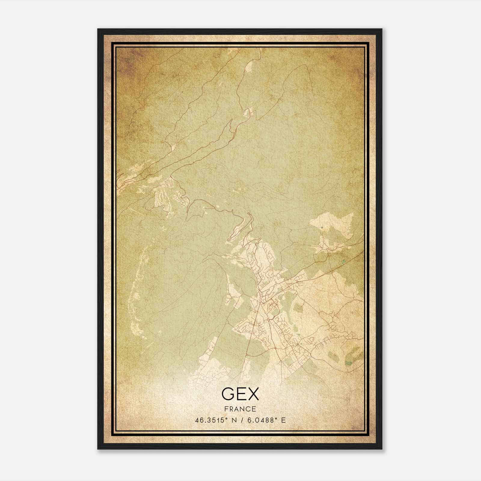 Vintage Gex France Map Poster, Gex City Road Wall Art Print