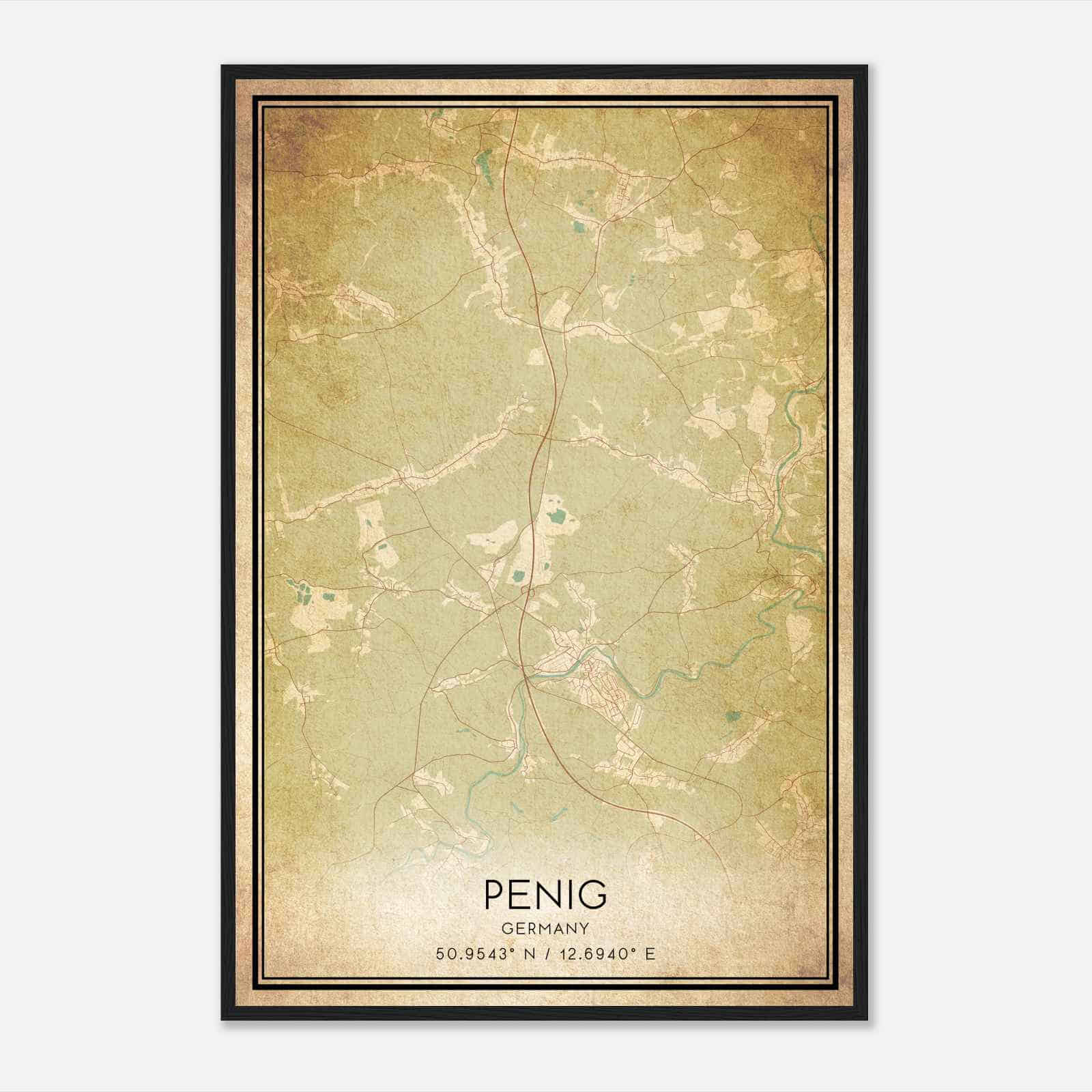 Vintage Penig Germany Map Poster, Penig City Road Wall Art Print
