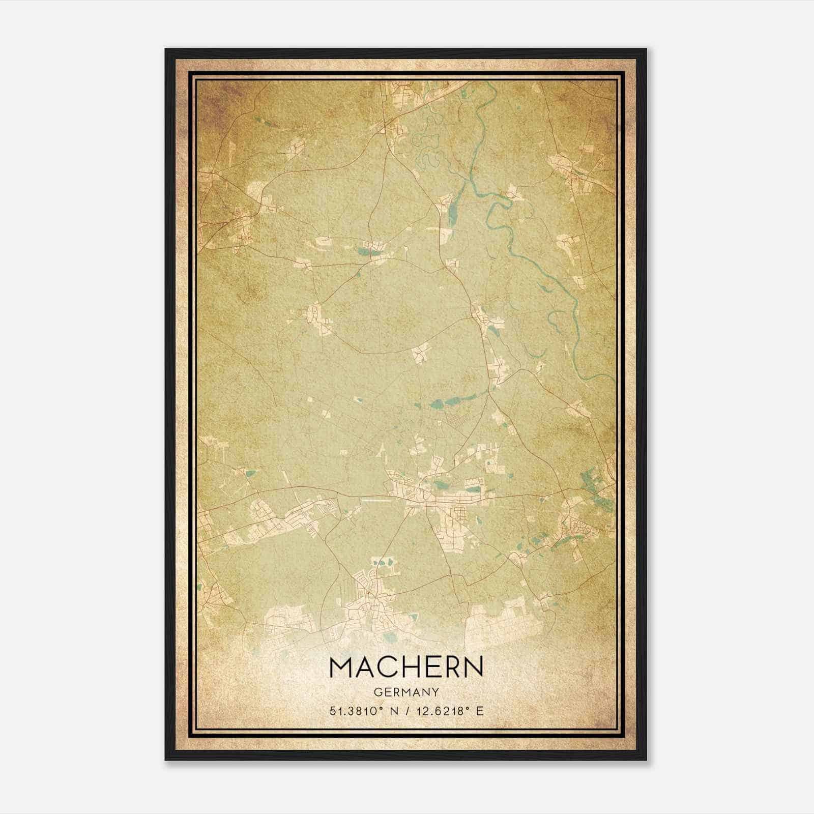 Vintage Machern Germany Map Poster, Machern City Road Wall Art Print