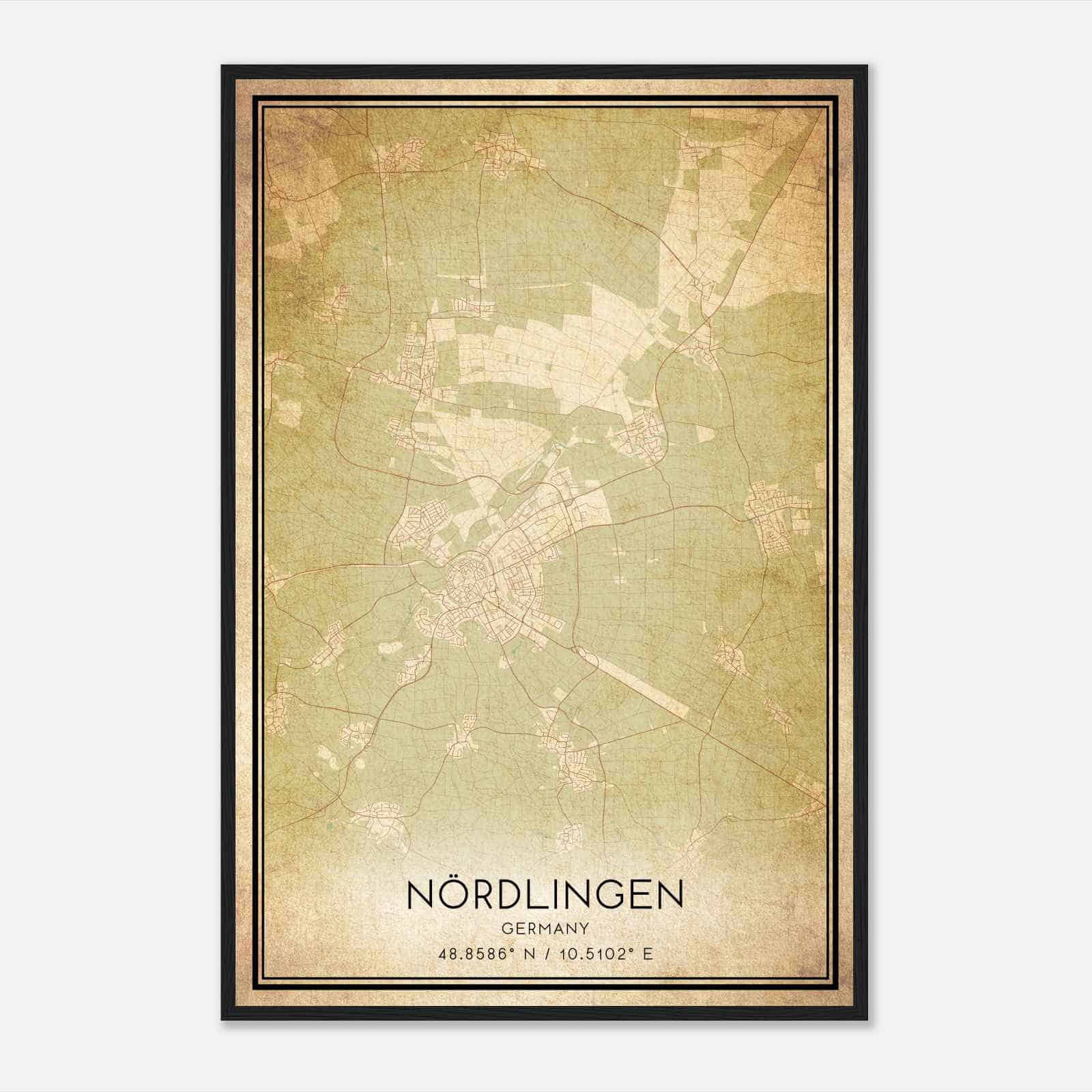Vintage Nordlingen Germany Map Poster, Nordlingen City Road Wall Art Print