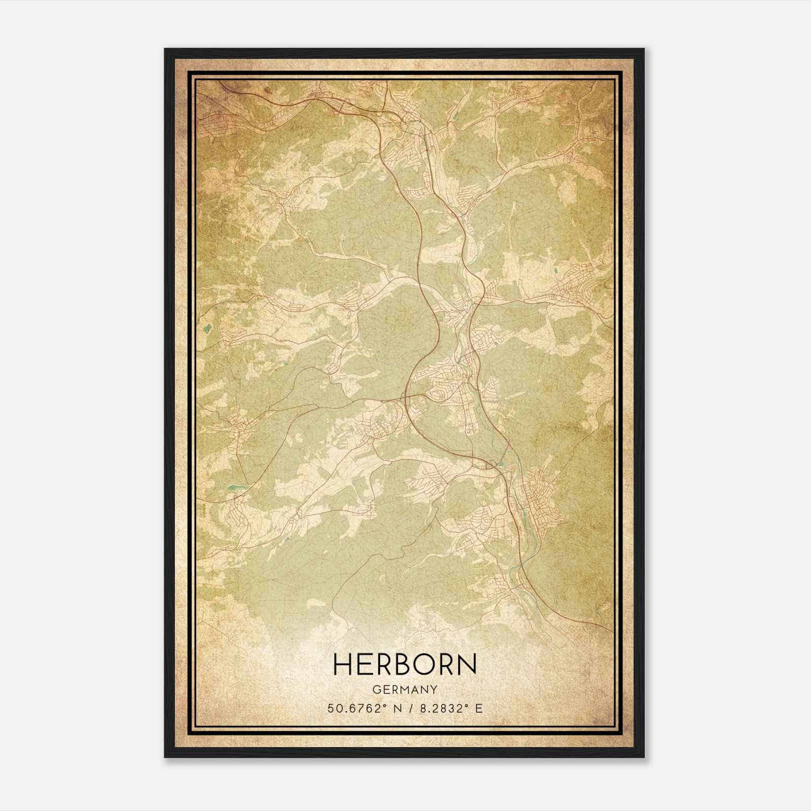 Vintage Herborn Germany Map Poster, Herborn City Road Wall Art Print