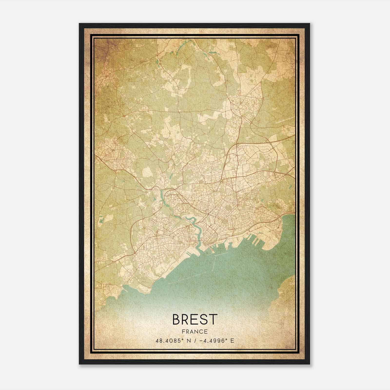 Vintage Brest France Map Poster, Brest City Road Wall Art Print