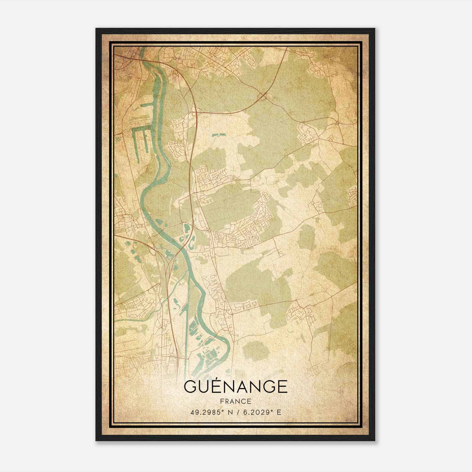 Vintage Guenange France Map Poster, Guenange City Road Wall Art Print
