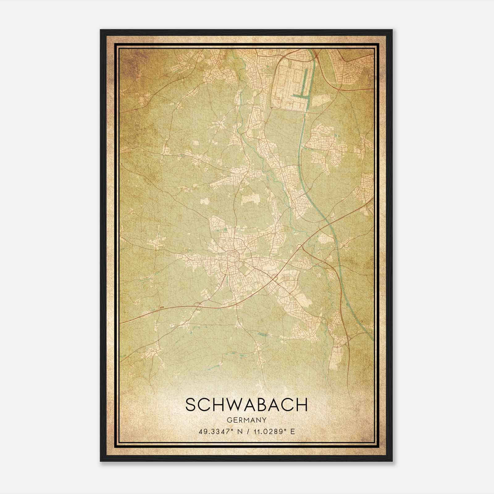 Vintage Schwabach Germany Map Poster, Schwabach City Road Wall Art Print