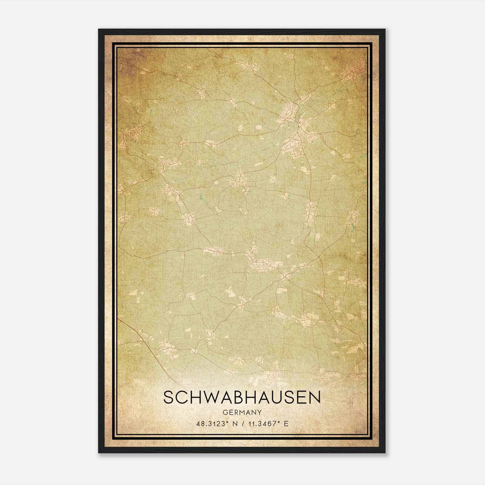 Vintage Schwabhausen Germany Map Poster, Schwabhausen City Road Wall Art Print