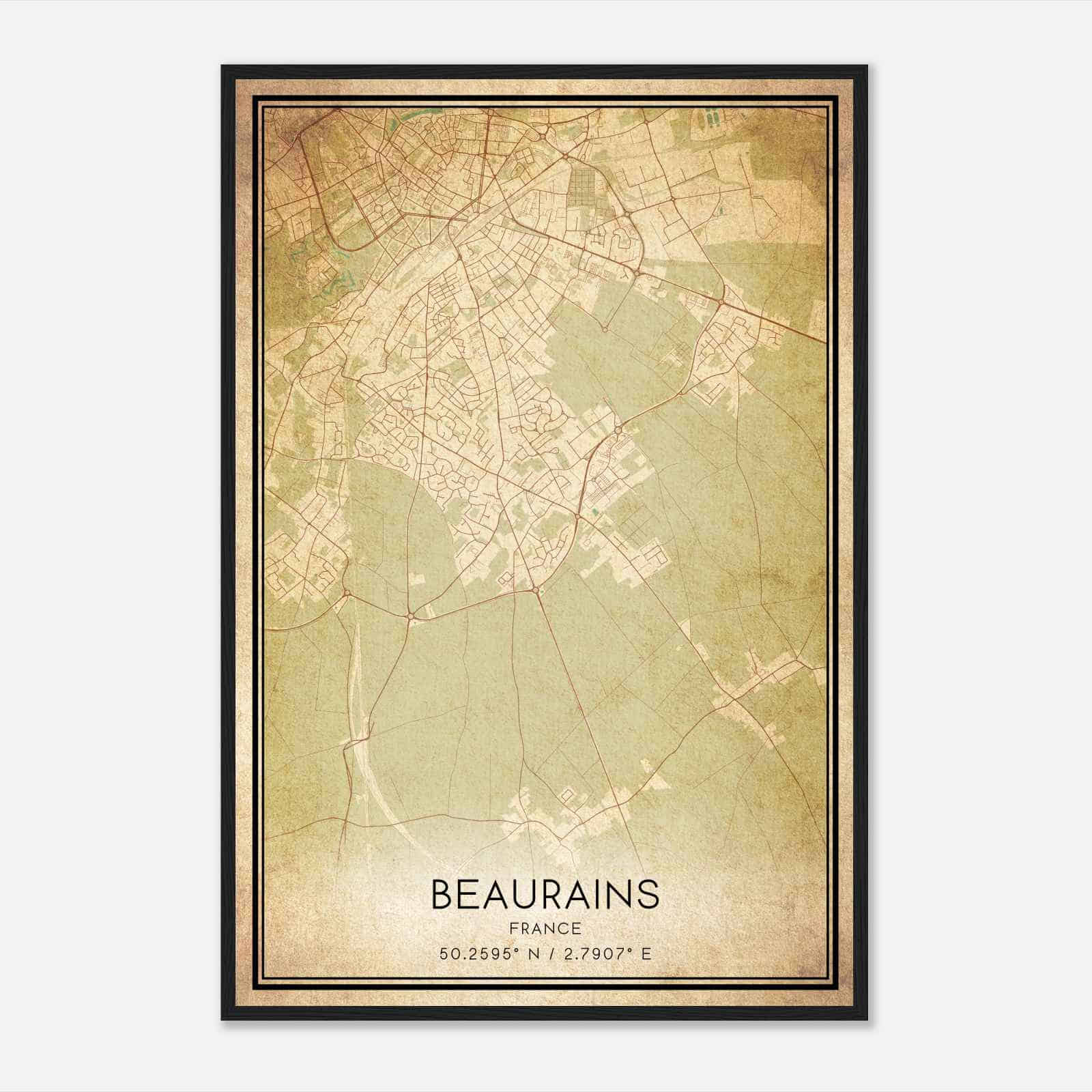 Vintage Beaurains France Map Poster, Beaurains City Road Wall Art Print