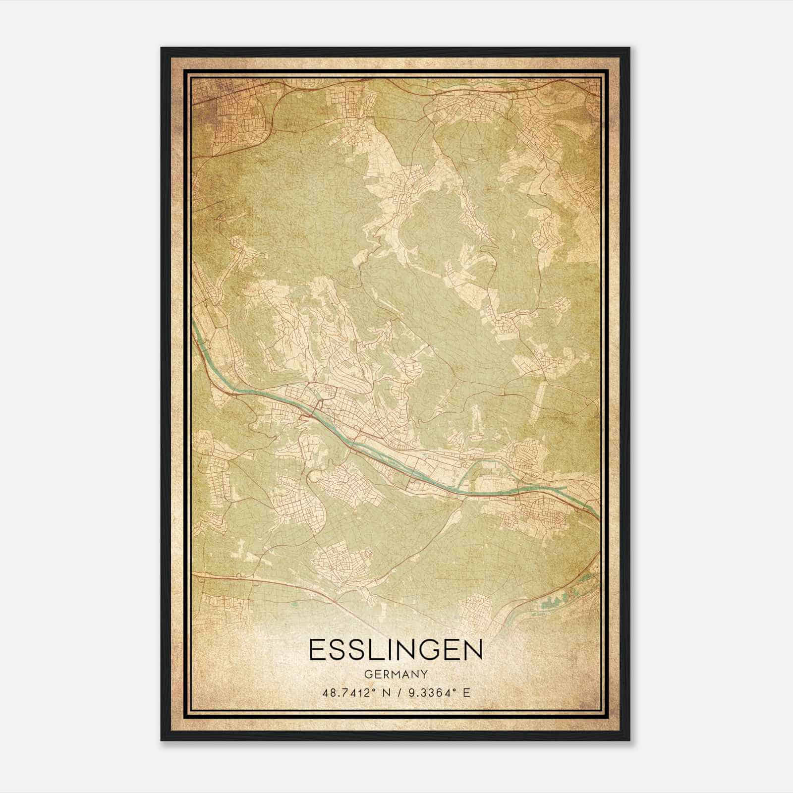 Vintage Esslingen Germany Map Poster, Esslingen City Road Wall Art Print