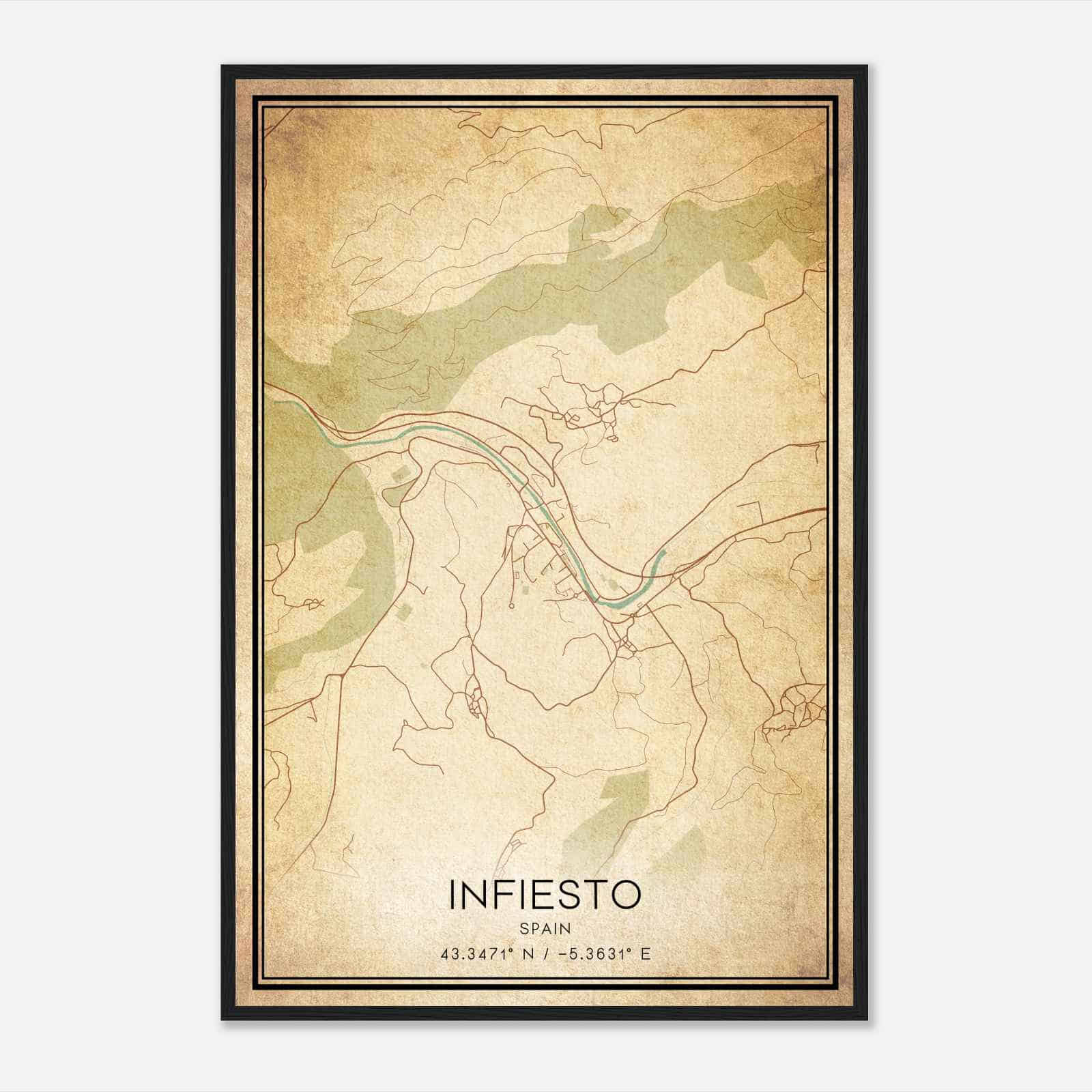 Vintage Infiesto Spain Map Poster, Infiesto City Road Wall Art Print