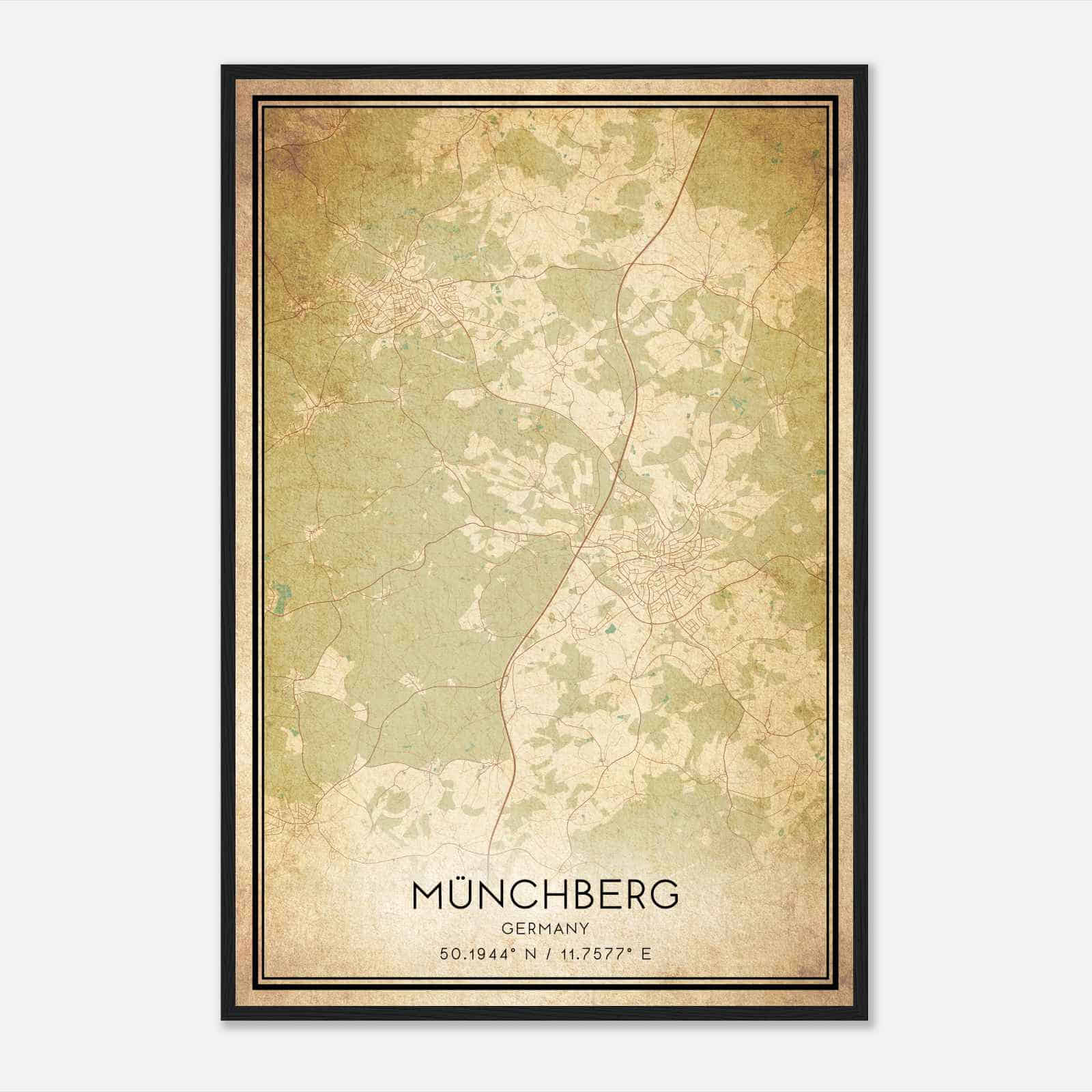 Vintage Munchberg Germany Map Poster, Munchberg City Road Wall Art Print