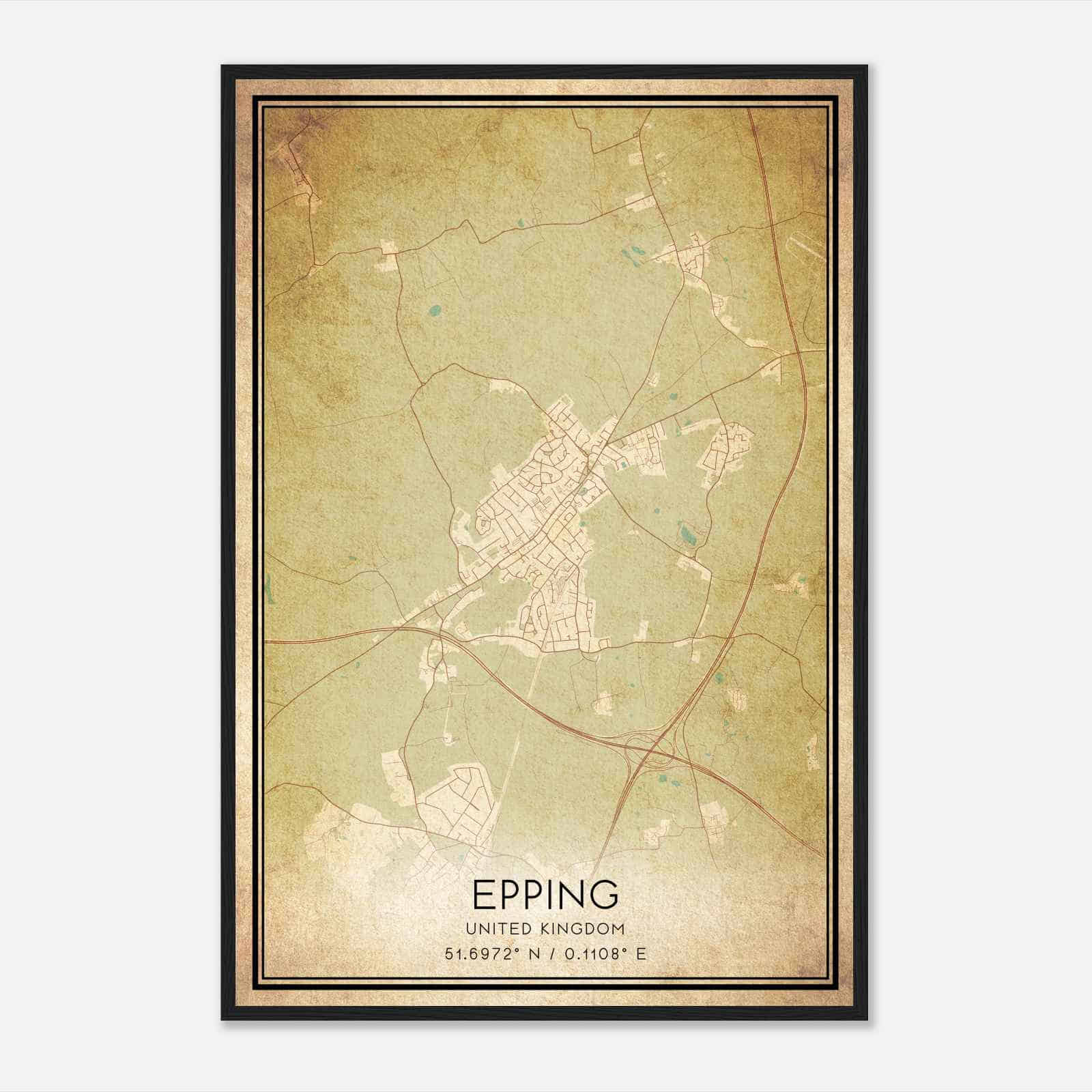 Vintage Epping United Kingdom Map Poster, Epping City Road Wall Art Print