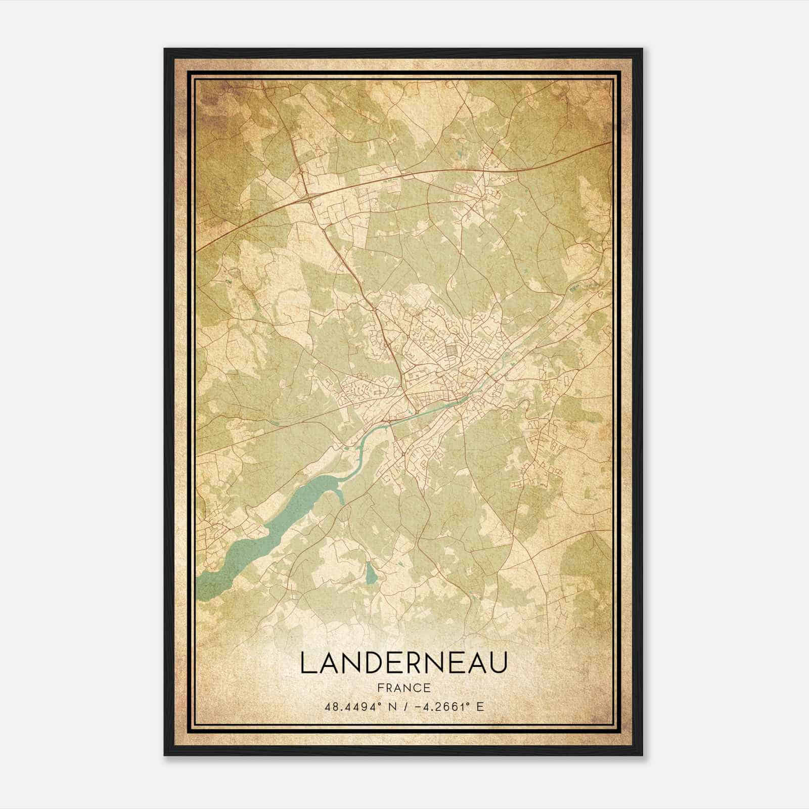 Vintage Landerneau France Map Poster, Landerneau City Road Wall Art Print